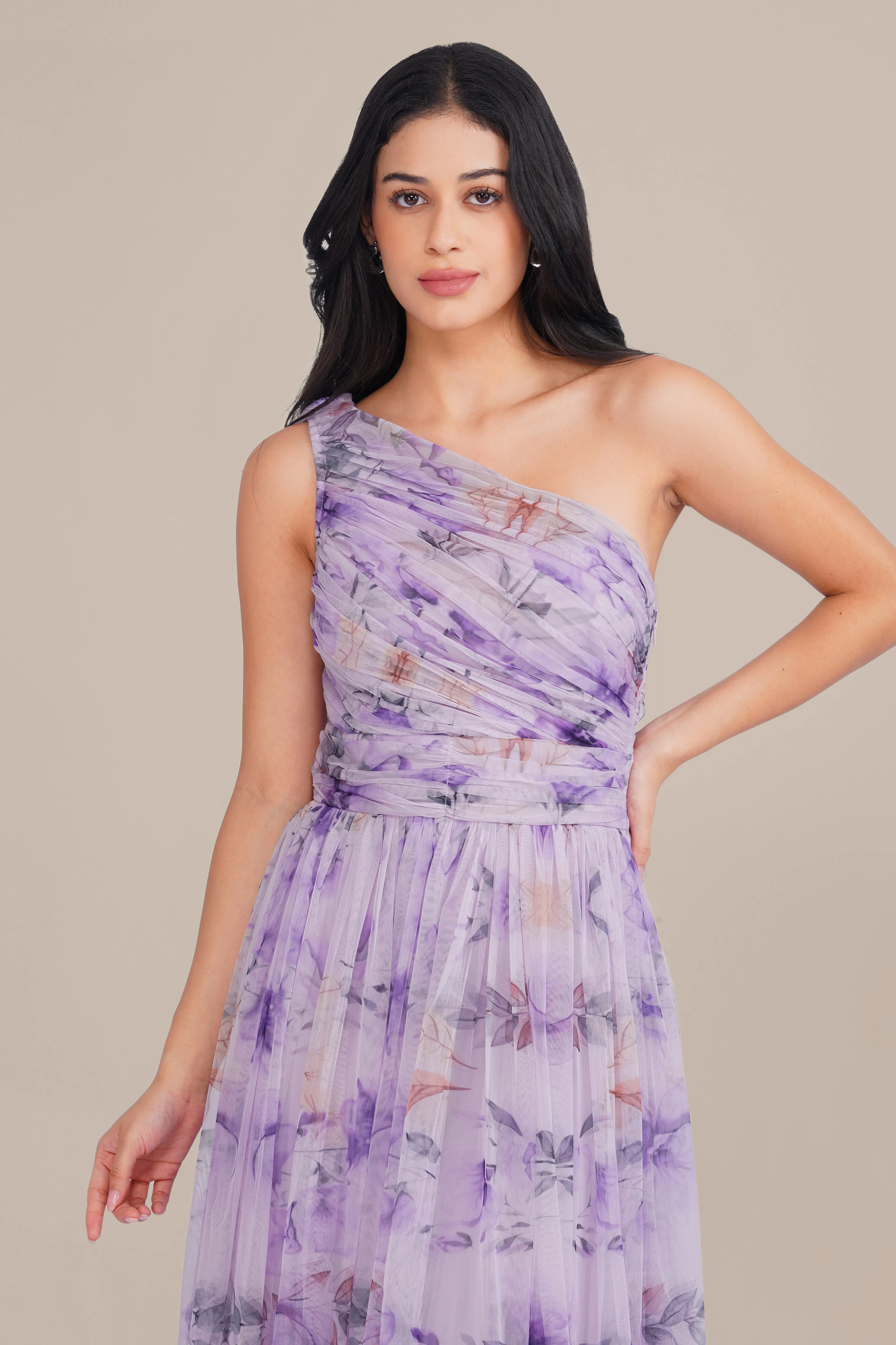 One Shoulder Tulle Maxi Dress in Lilac Floral with Scarf sold by Lace & Beads product image thumbnail 3