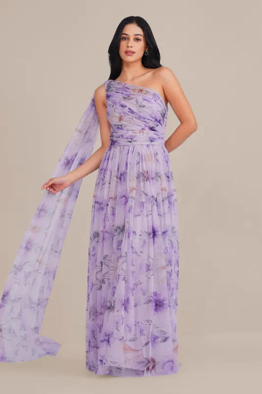 One Shoulder Tulle Maxi Dress in Lilac Floral with Scarf made by Lace & Beads