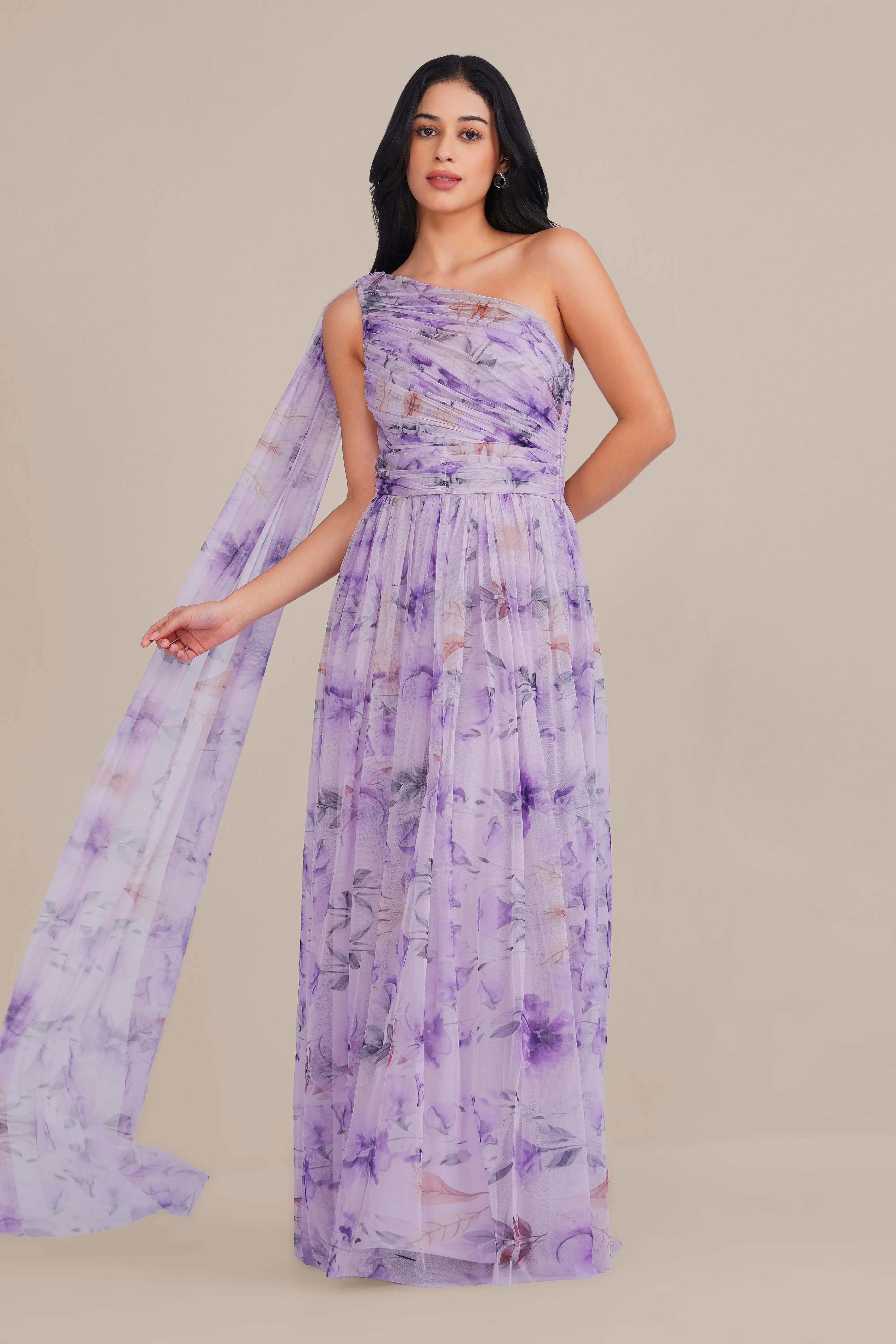 One Shoulder Tulle Maxi Dress in Lilac Floral with Scarf sold by Lace & Beads