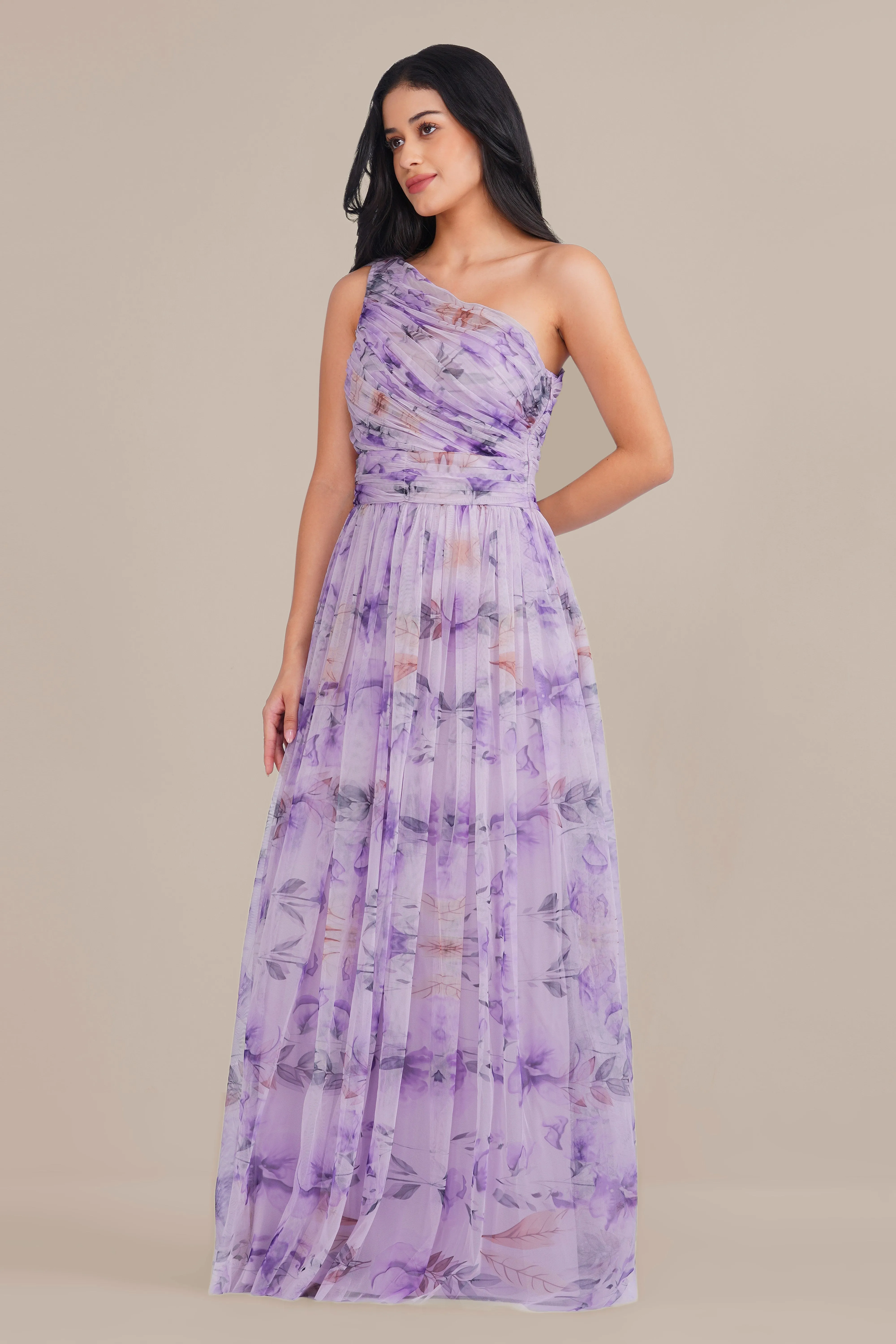 One Shoulder Tulle Maxi Dress in Lilac Floral with Scarf sold by Lace & Beads product image thumbnail 4