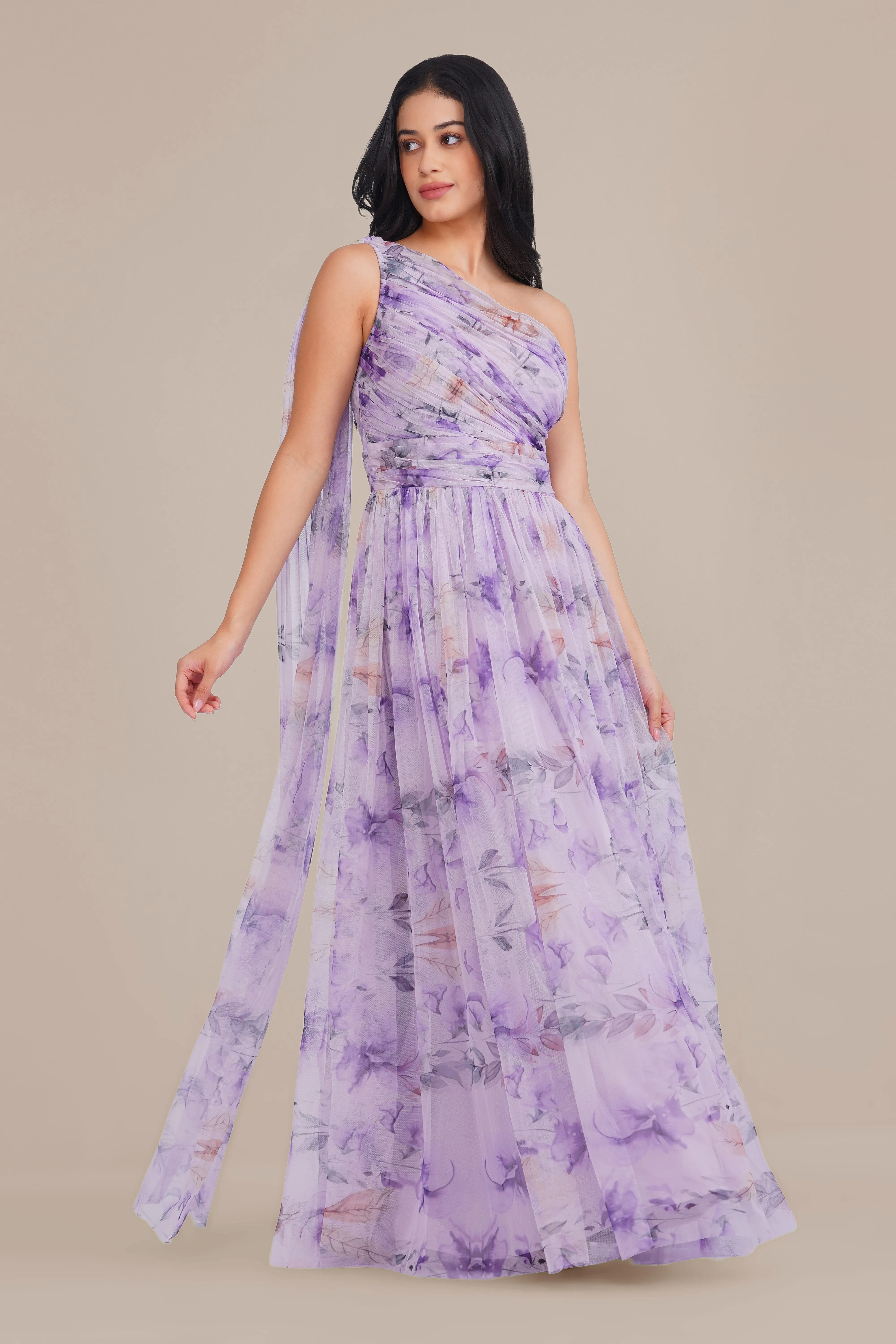 One Shoulder Tulle Maxi Dress in Lilac Floral with Scarf sold by Lace & Beads product image thumbnail 5