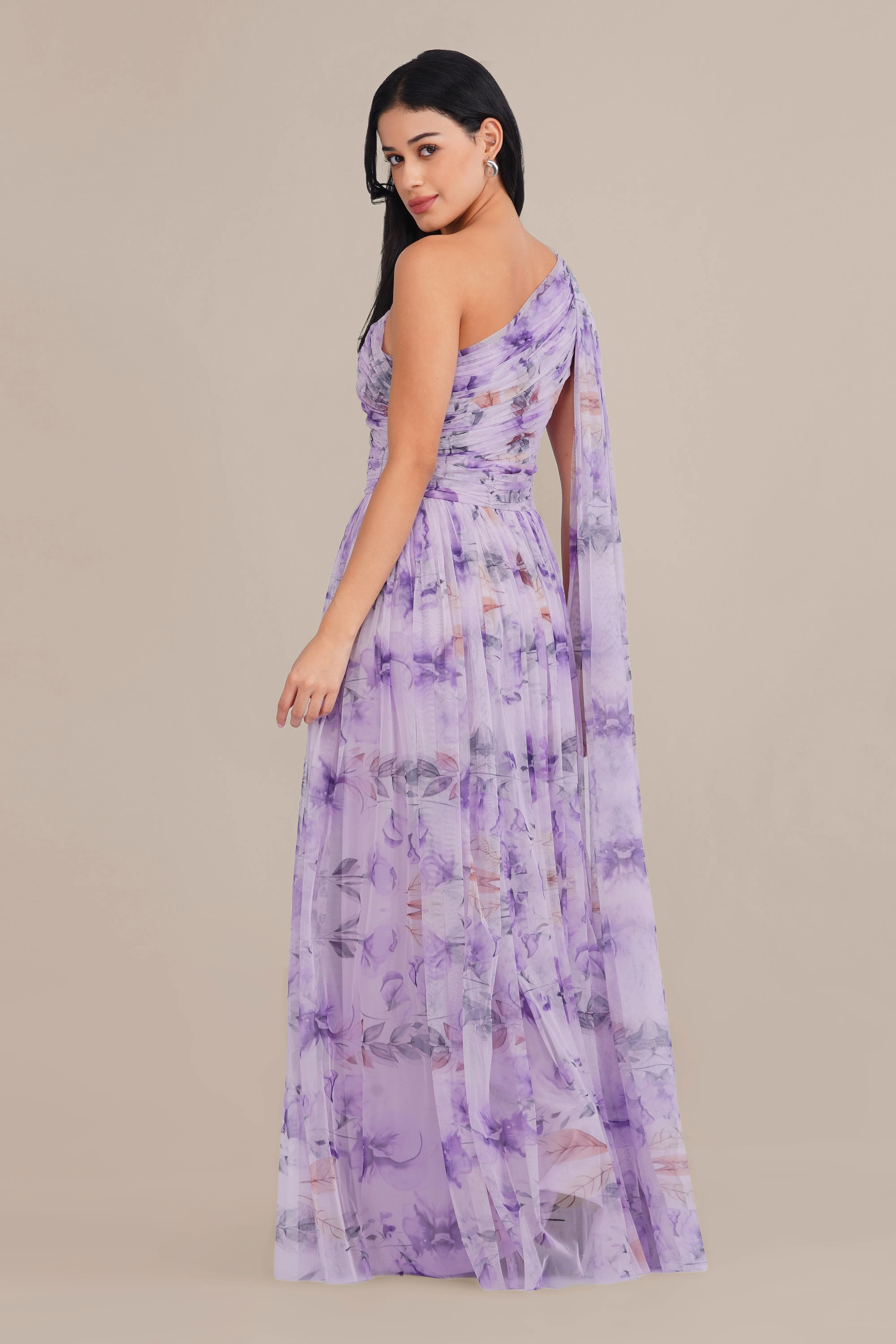 One Shoulder Tulle Maxi Dress in Lilac Floral with Scarf sold by Lace & Beads product image thumbnail 2