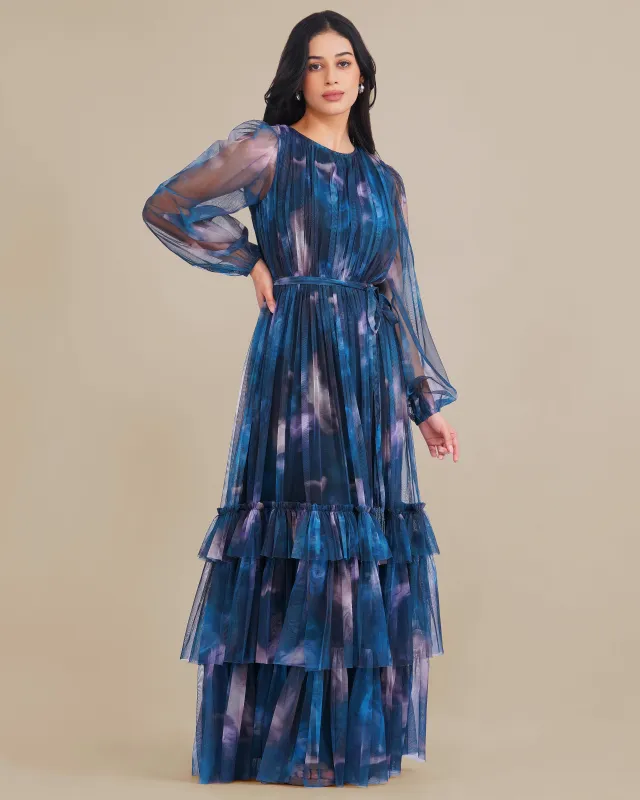 Rebecca Tulle Maxi Dress in Naval Flow Print made by Lace & Beads