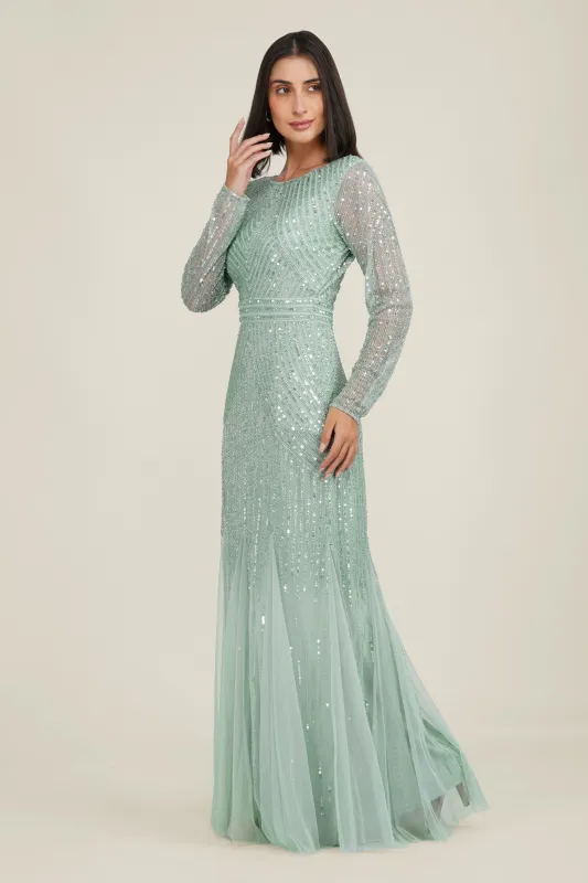 Tionara Embellished Maxi Dress in Mint made by Lace & Beads