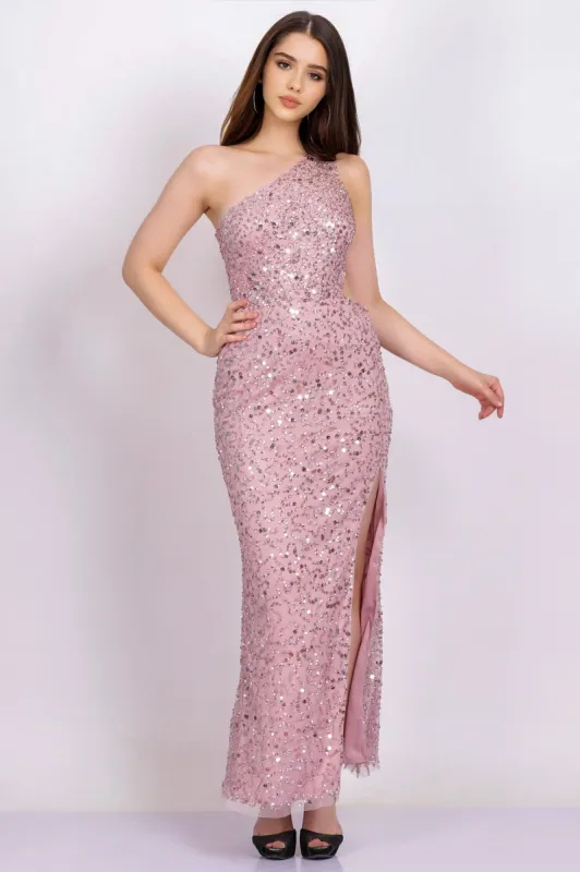 Naeve One Shoulder Sequin Dress in Pink sold by Lace & Beads
