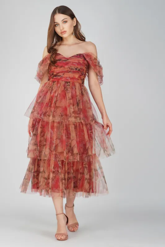 Melbourne Layered Tulle Midi Dress in Dark Floral sold by Lace & Beads