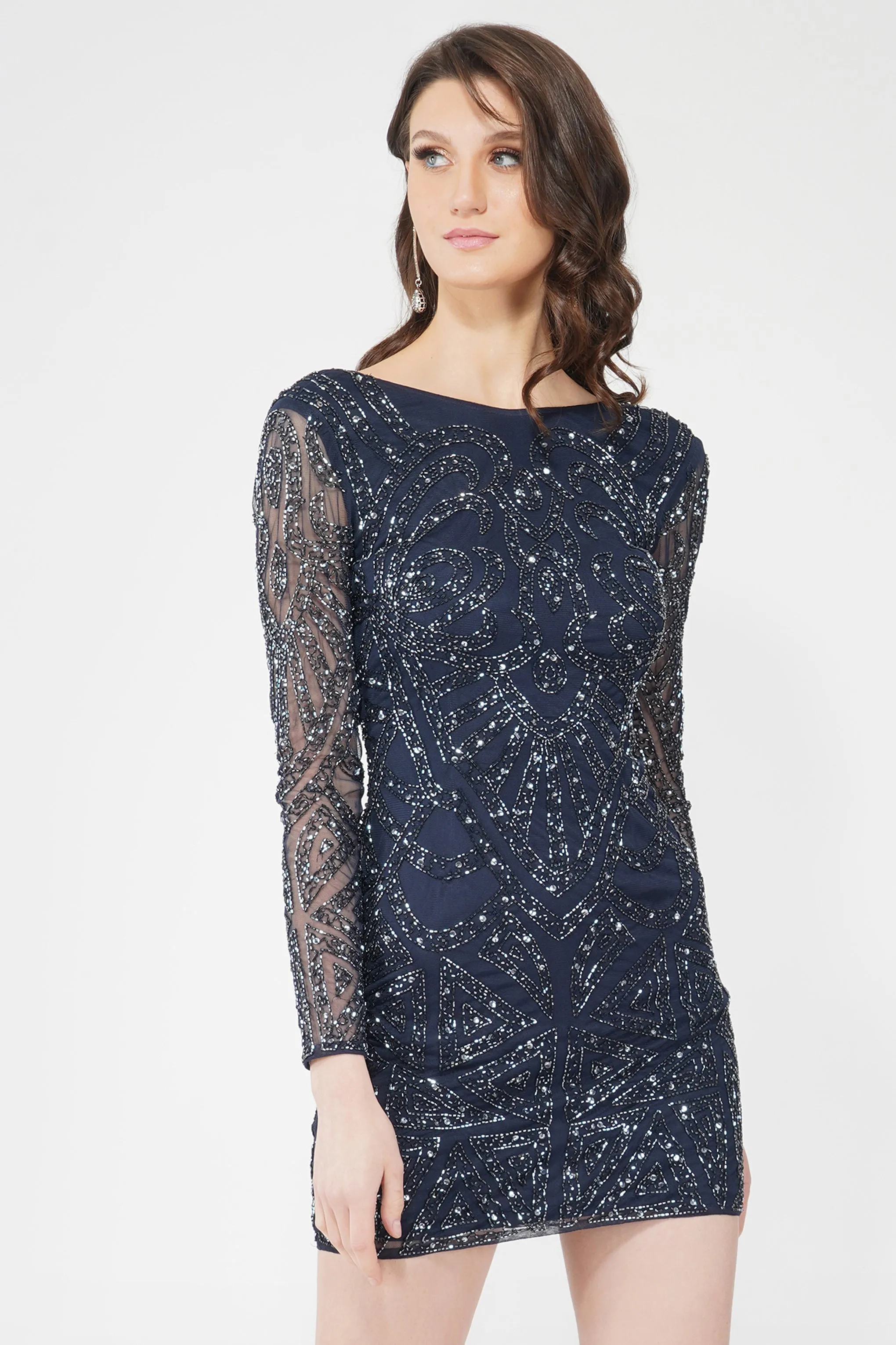 Brooklyn Navy Blue Long Sleeve Sequin Mini Dress sold by Lace & Beads product image thumbnail 3