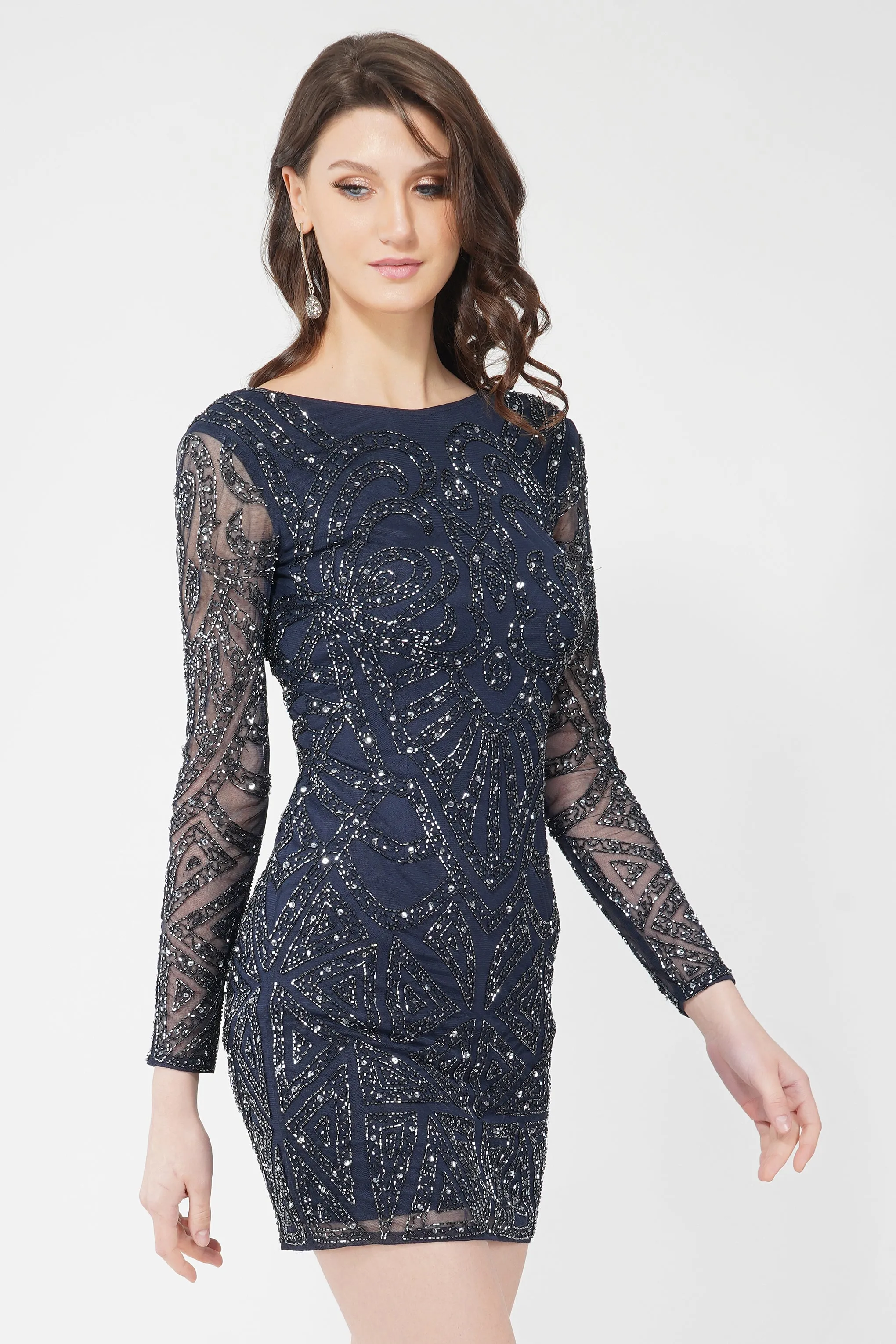 Brooklyn Navy Blue Long Sleeve Sequin Mini Dress sold by Lace & Beads