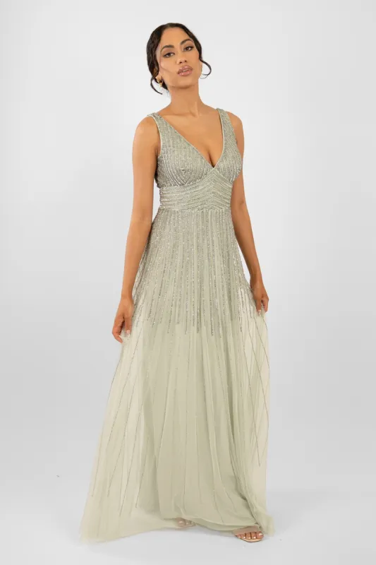 Lorelai Sage Green Embellished Maxi Dress sold by Lace & Beads