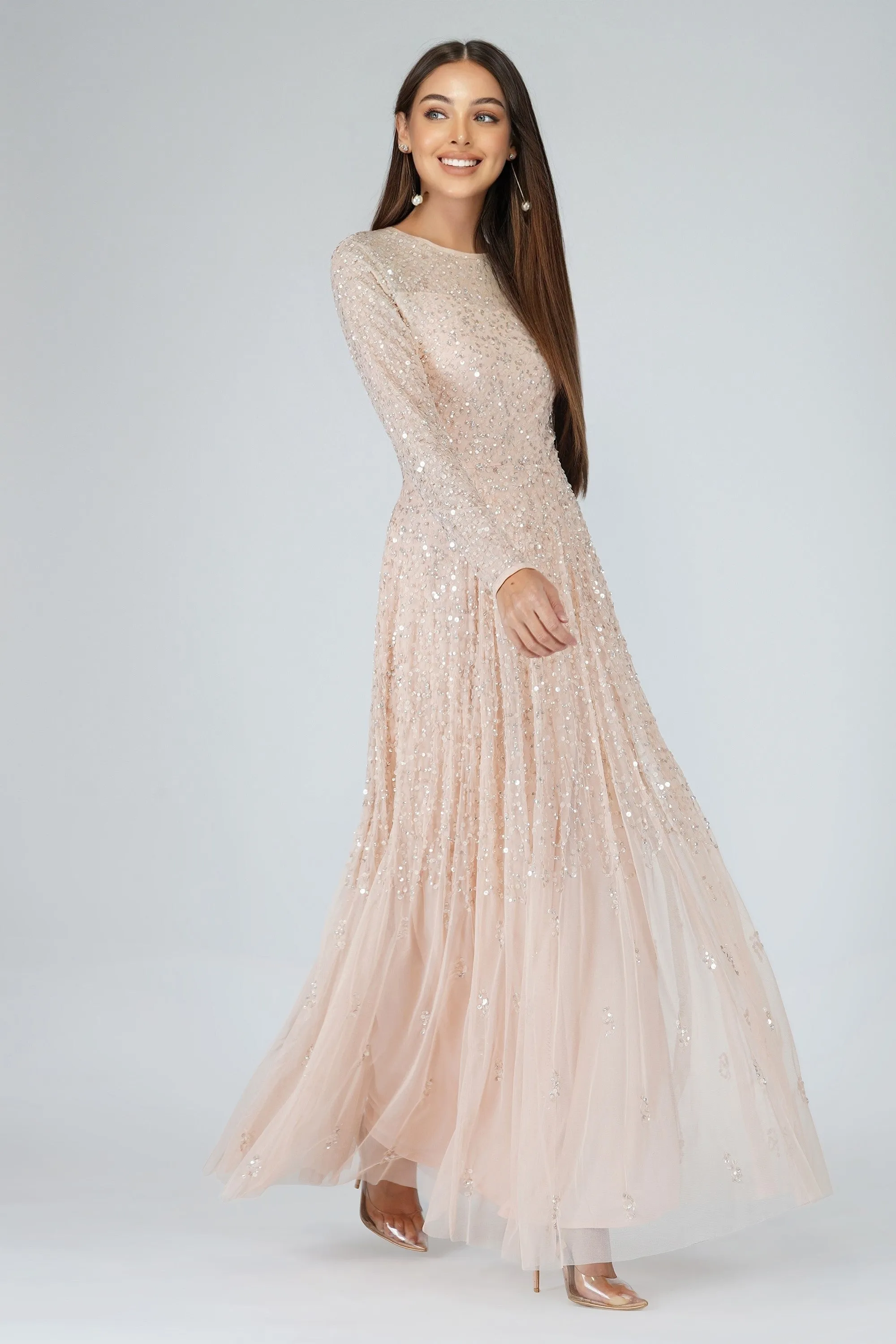 Sila Long Sleeve Embellished Maxi Dress in Blush Pink sold by Lace & Beads product image thumbnail 2