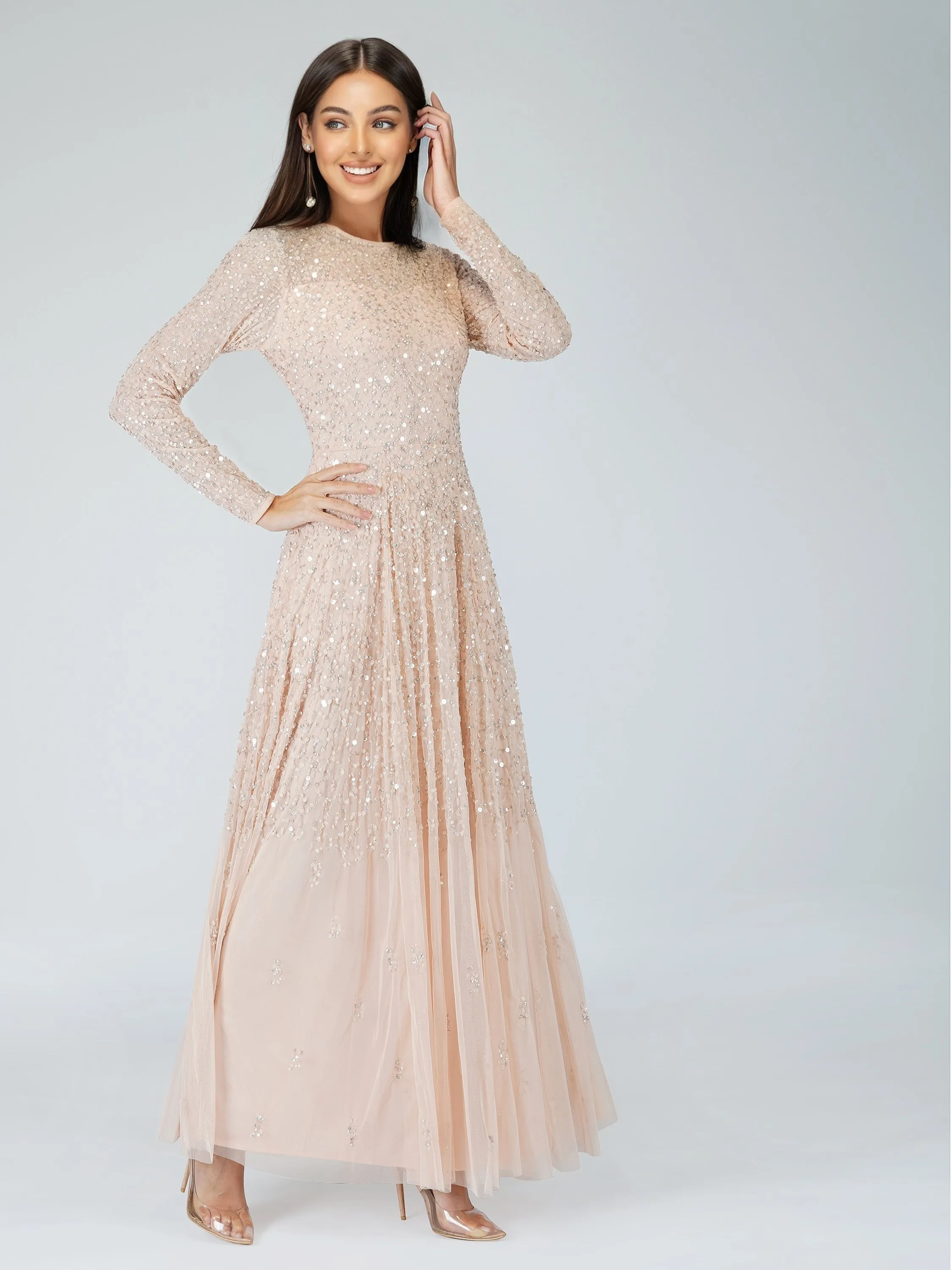 Sila Long Sleeve Embellished Maxi Dress in Blush Pink sold by Lace & Beads product image thumbnail 4