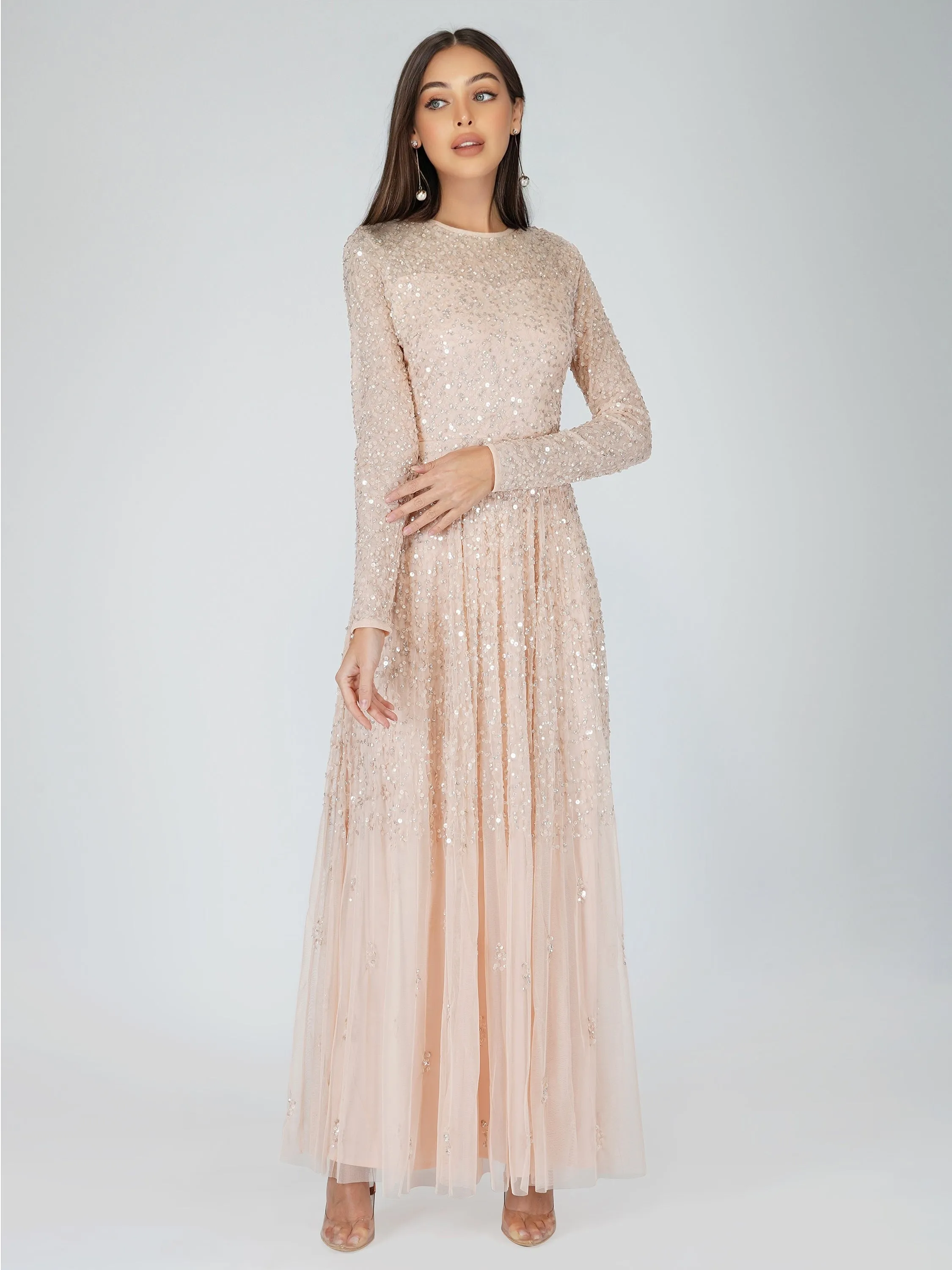 Sila Long Sleeve Embellished Maxi Dress in Blush Pink sold by Lace & Beads product image thumbnail 3