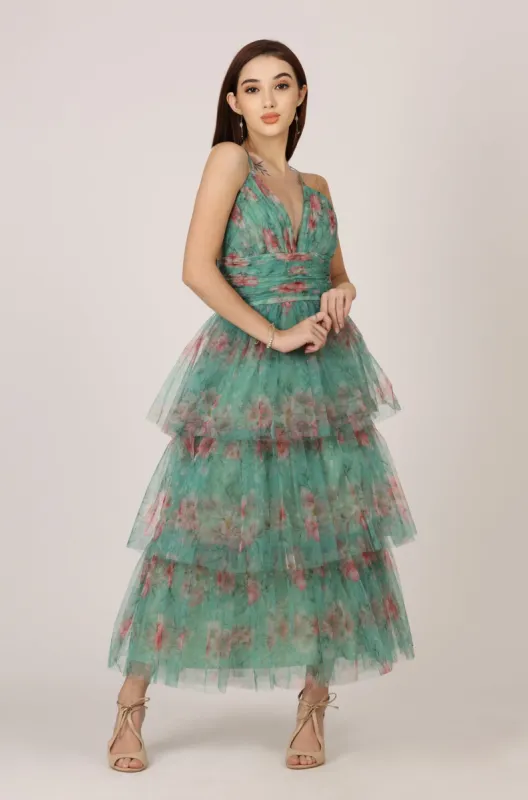 Odette Midi Dress in Green Floral sold by Lace & Beads