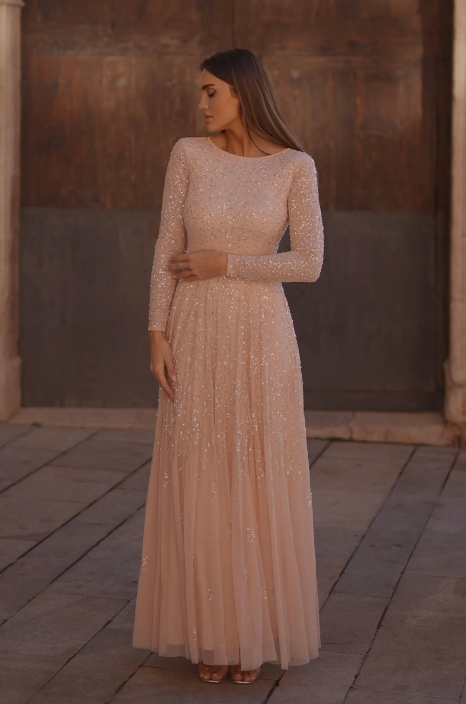 Sila Long Sleeve Embellished Maxi Dress in Blush Pink sold by Lace & Beads