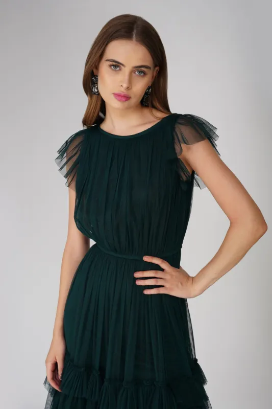 KAMILA Tie Strap Micro Button Satin Midi Dress in Emerald Green | Parallel
