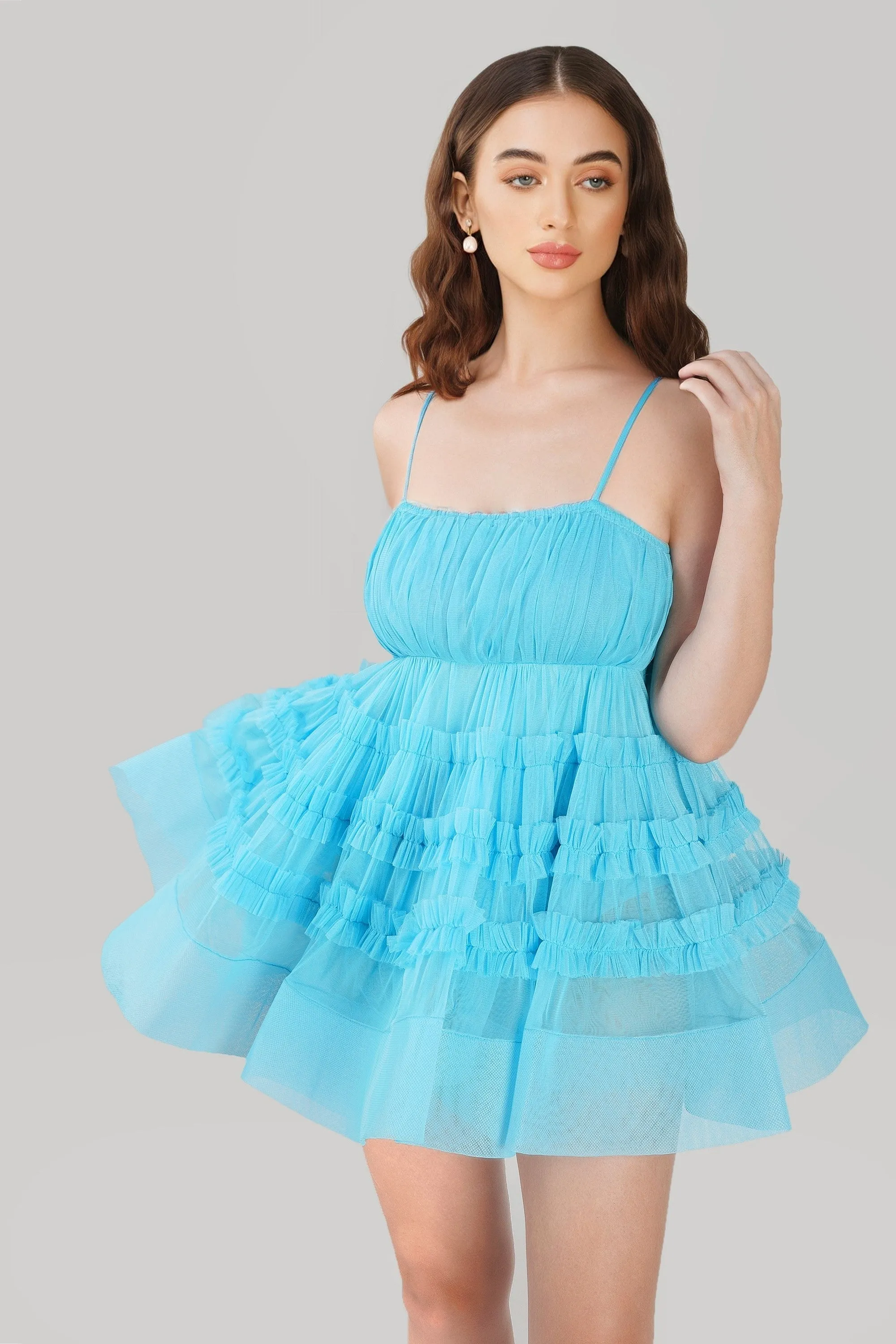 Bethan Structured Tulle Mini Dress in Blue sold by Lace & Beads