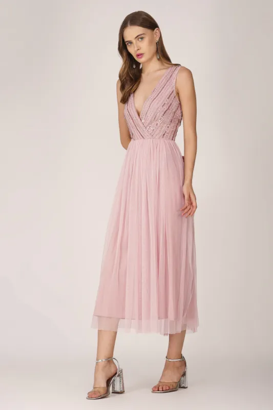 Millie Midi Embellished Dress in Pink sold by Lace & Beads