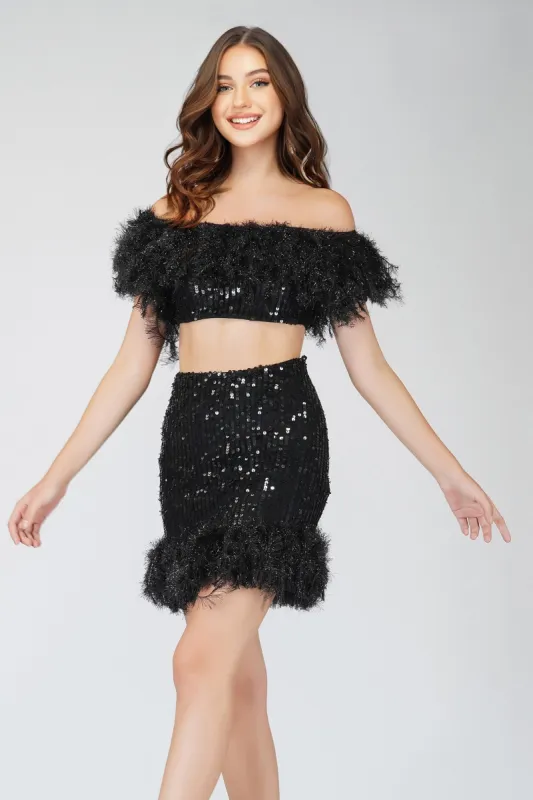 Zuri Sequin Black Feather Top sold by Lace & Beads