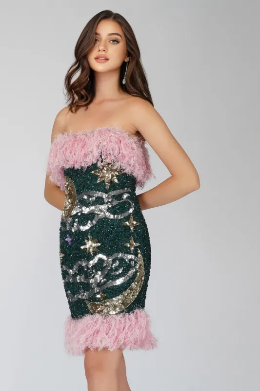 Midnight Sequin Feather Mini Dress in Emerald Green sold by Lace & Beads