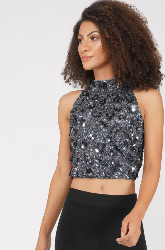 Gui Charcoal Grey Sequin Top sold by Lace & Beads