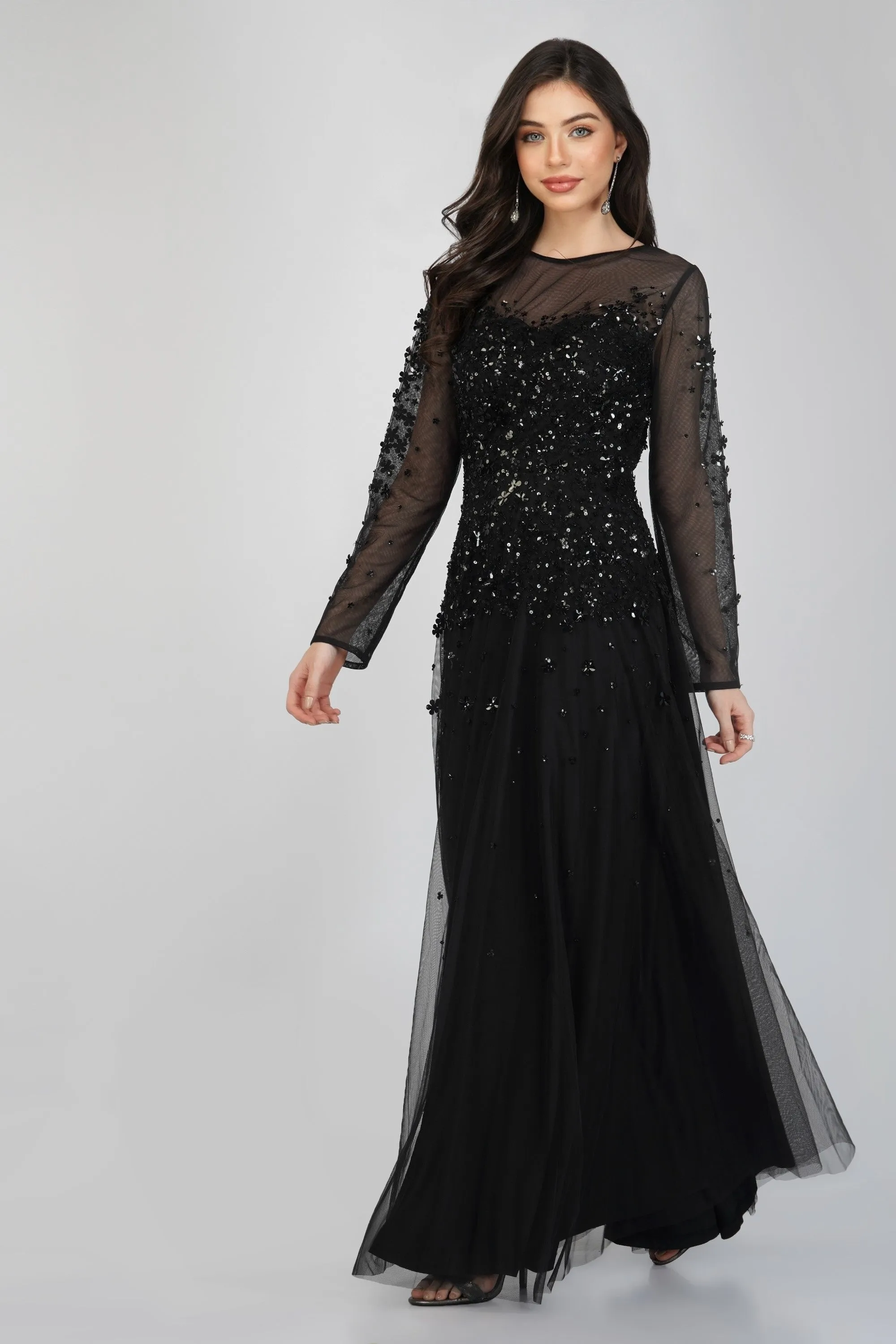 Luciene Long Sleeve Embellished Maxi Dress in Black sold by Lace & Beads