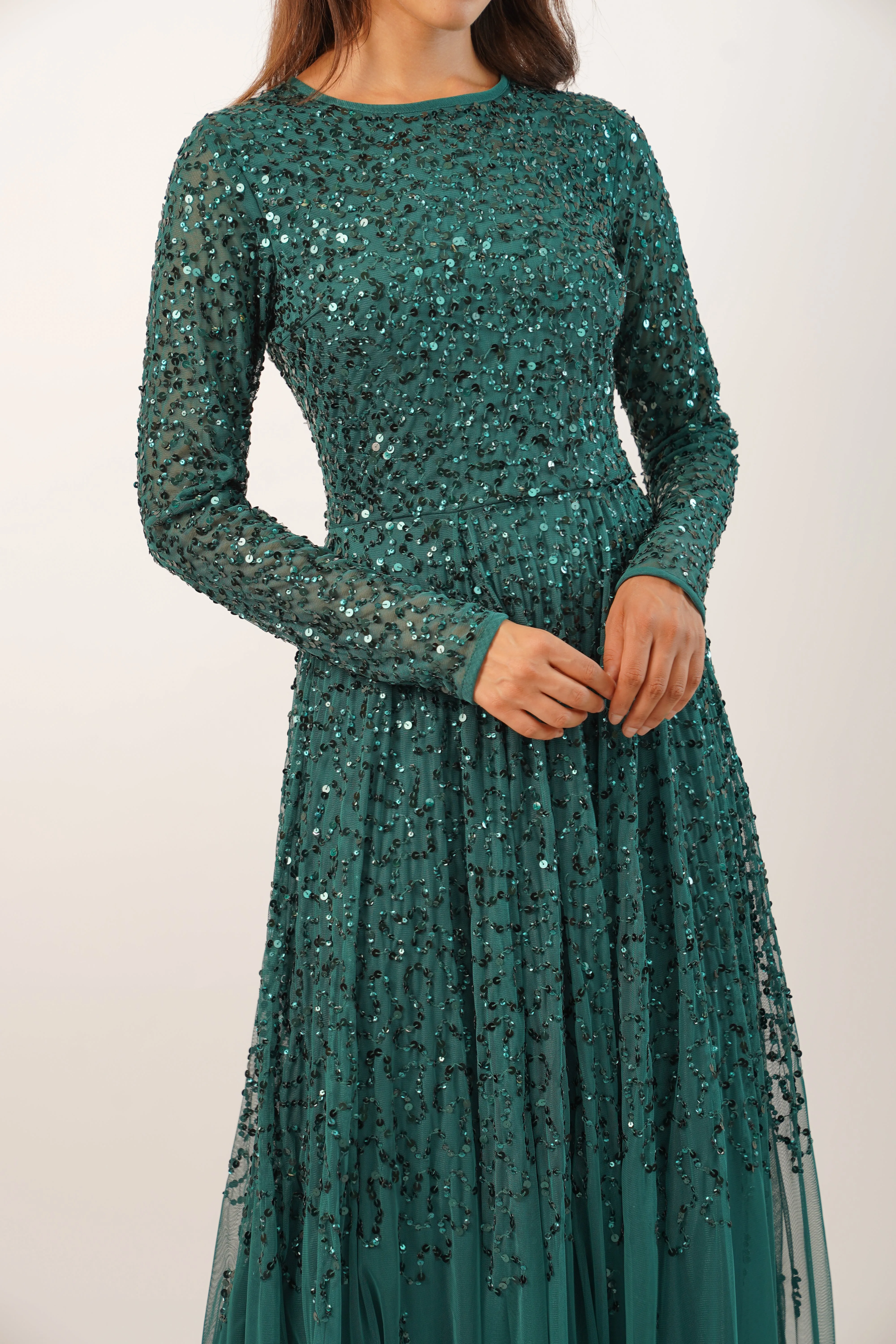 Sila Long Sleeve Embellished Maxi Dress in Emerald Green sold by Lace & Beads product image thumbnail 3