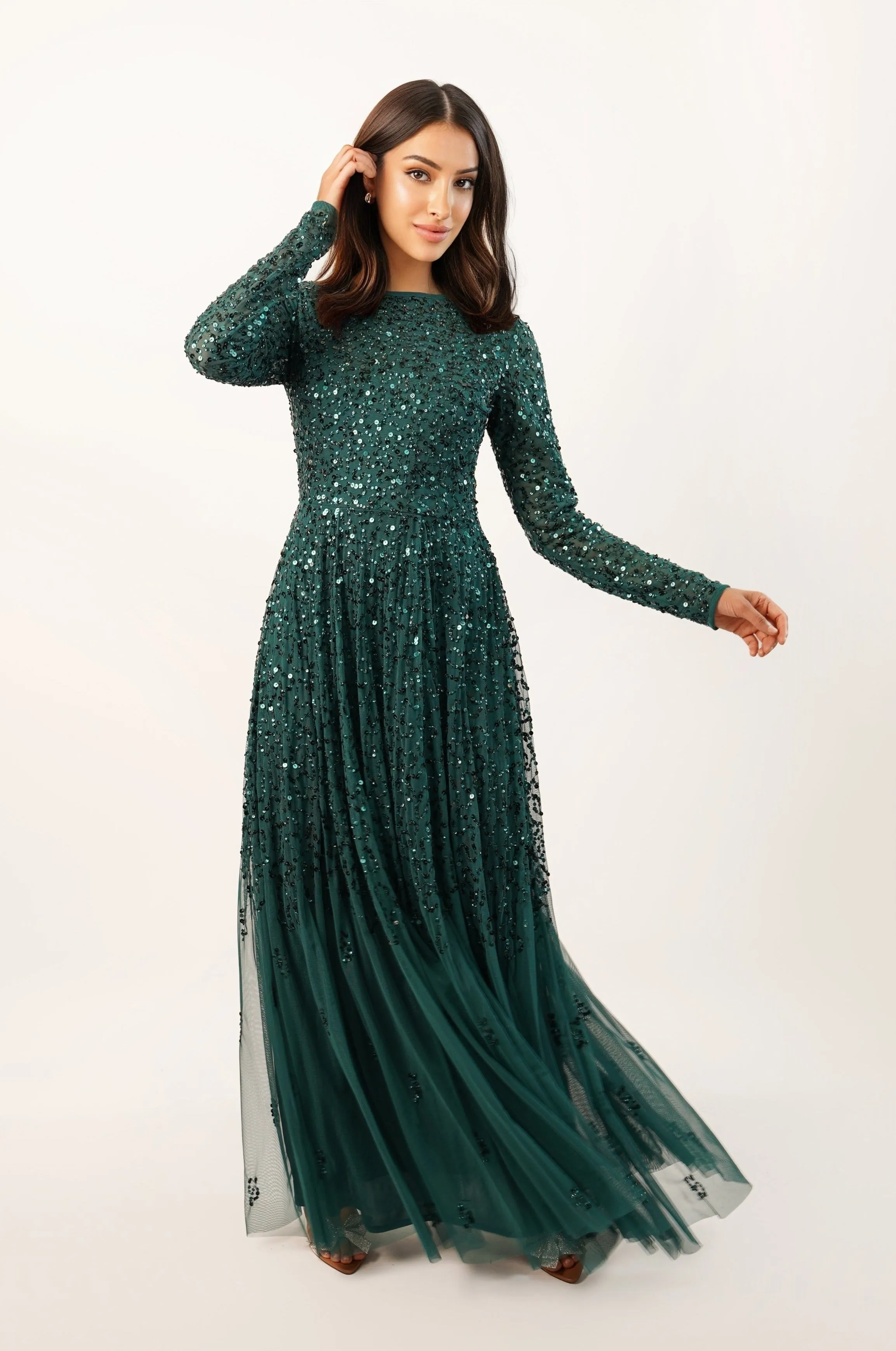 Sila Long Sleeve Embellished Maxi Dress in Emerald Green sold by Lace & Beads