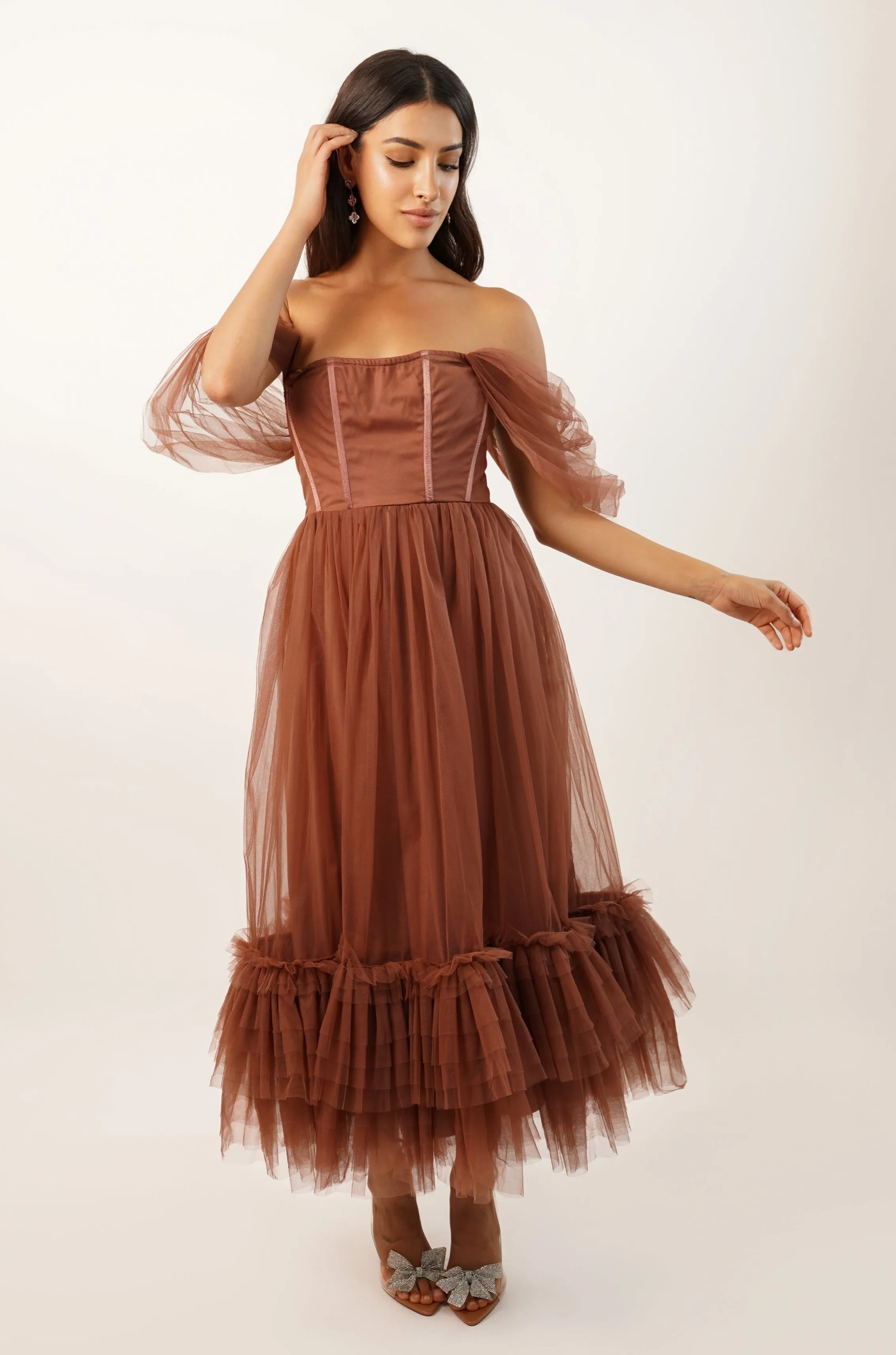 Jayne Merlot Tulle Midi Dress sold by Lace & Beads