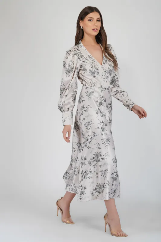 Talia Champagne Satin Wrap Midi Dress sold by Lace & Beads