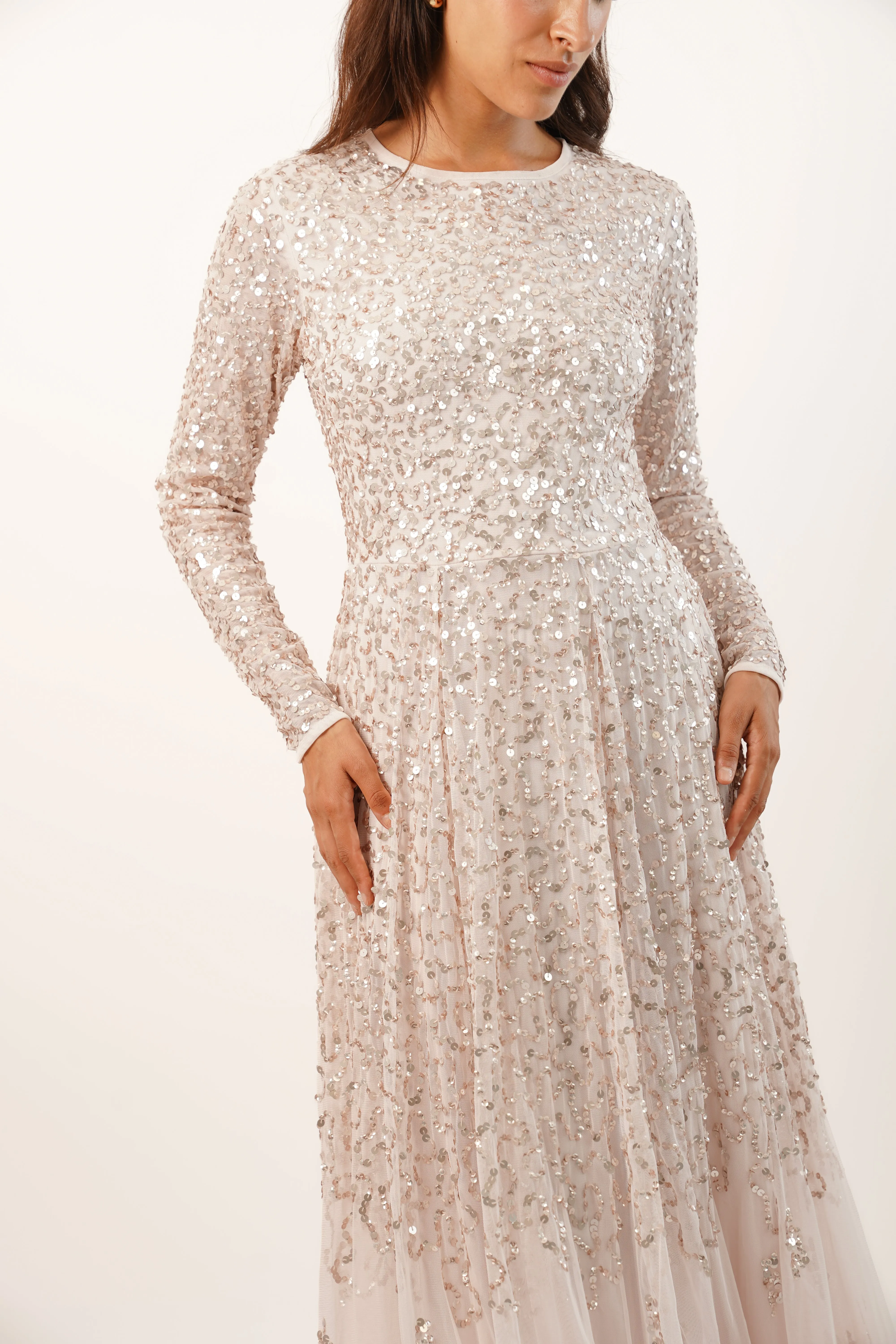 Sila Long Sleeve Embellished Maxi Dress in Powder Pink sold by Lace & Beads product image thumbnail 3