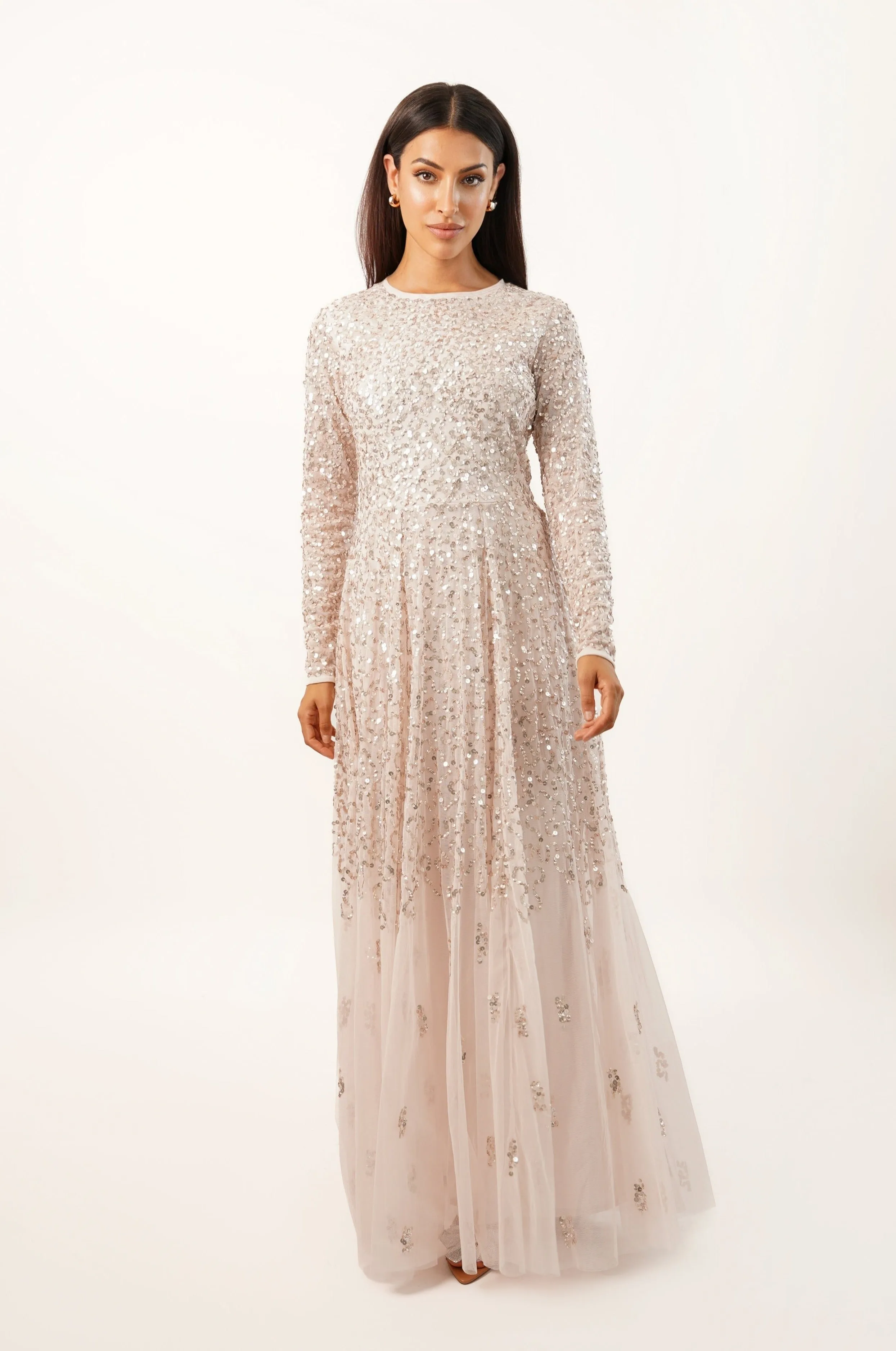 Sila Long Sleeve Embellished Maxi Dress in Powder Pink sold by Lace & Beads