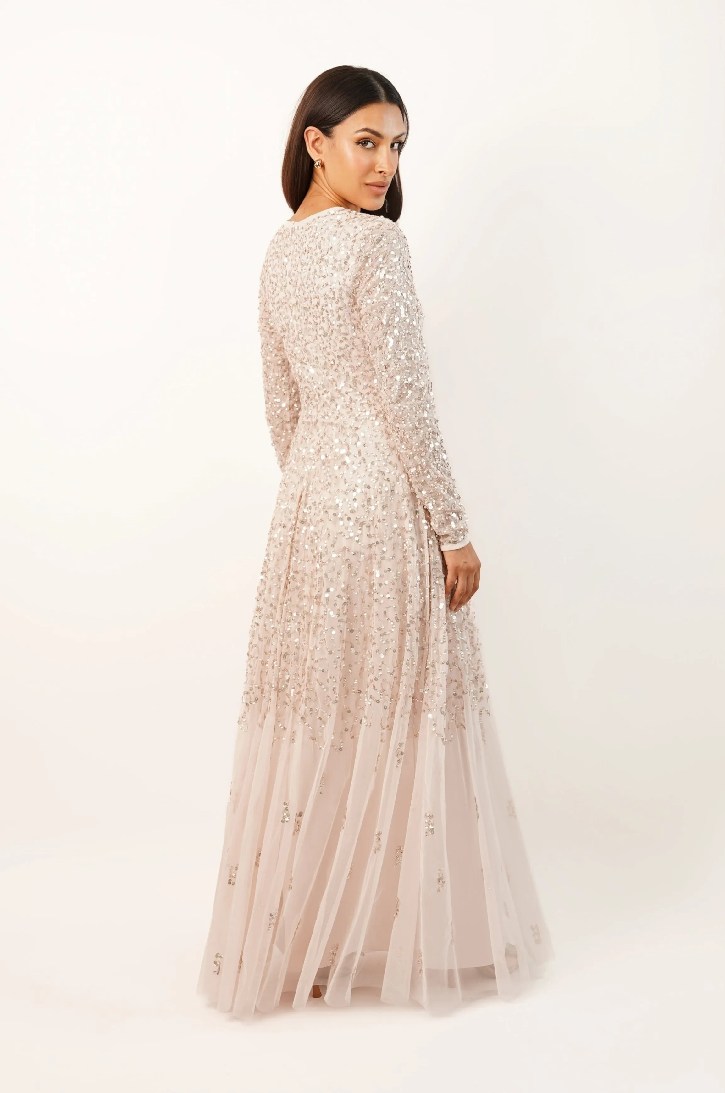 Sila Long Sleeve Embellished Maxi Dress in Powder Pink sold by Lace & Beads product image thumbnail 2