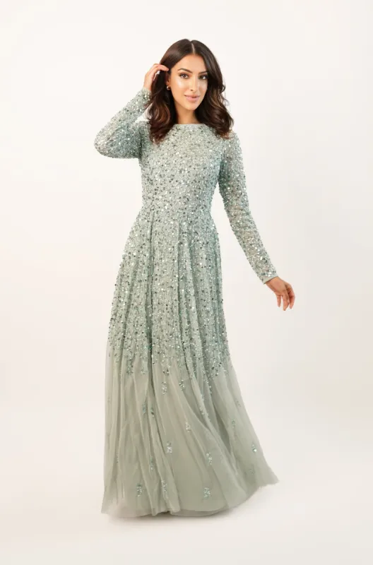 Sila Long Sleeve Embellished Maxi Dress in Sage Green sold by Lace & Beads