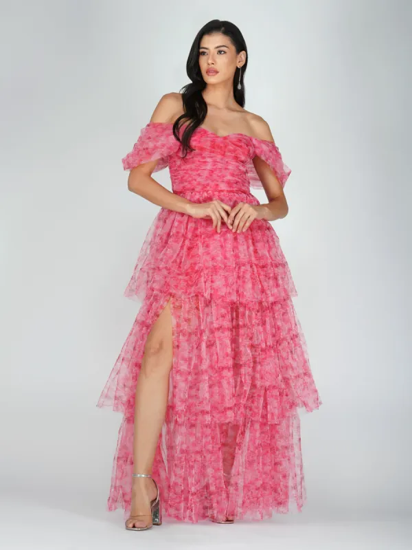 Sydney Tulle Maxi Dress in Red Print sold by Lace & Beads