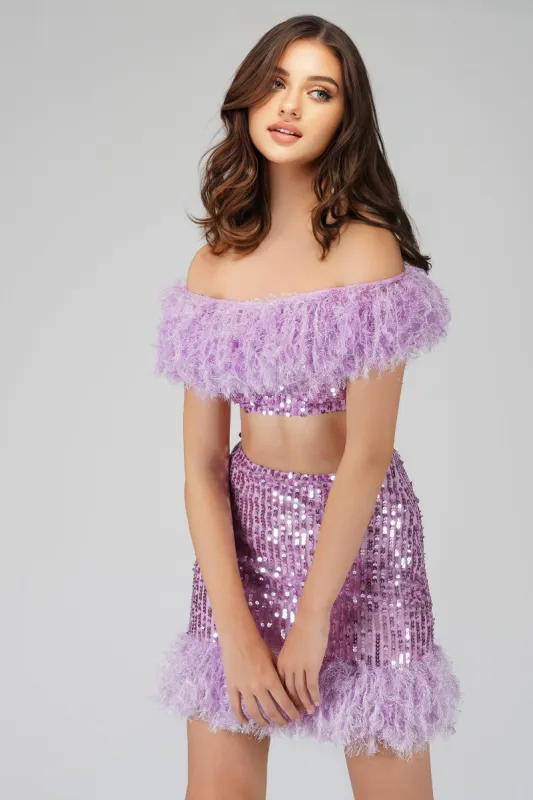 Zuri Sequin Lilac Purple Feather Top sold by Lace & Beads
