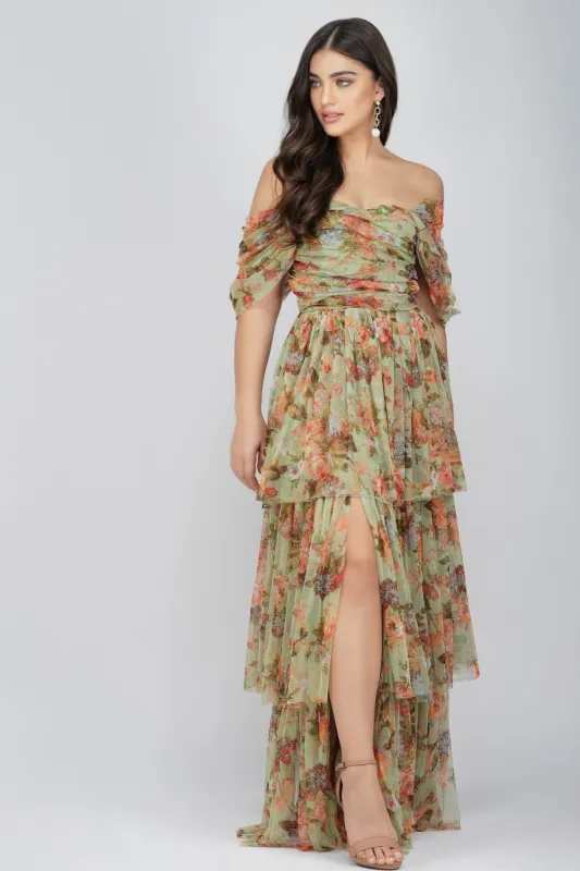 Sydney Tulle Maxi Dress in Green Floral sold by Lace & Beads