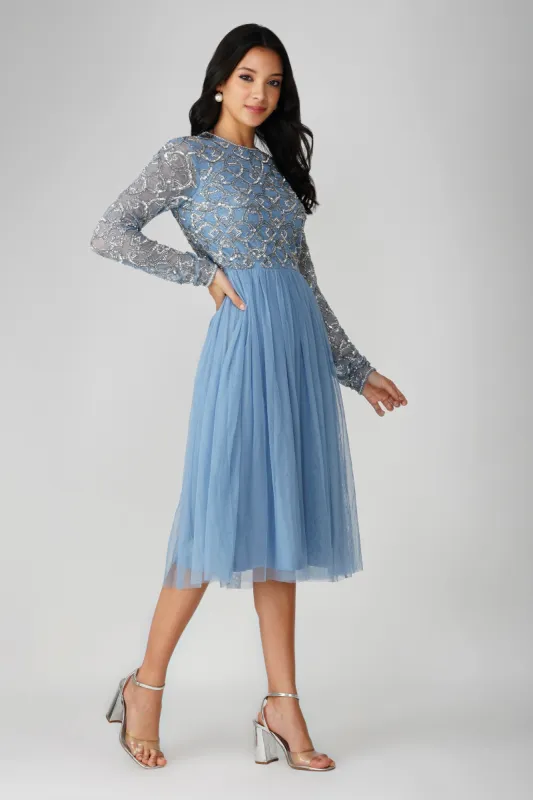 Mandarin Embellished Midi Dress in Powder Blue made by Lace & Beads