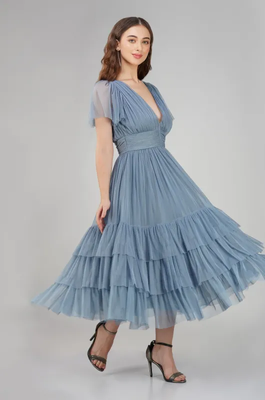 Madison Dusty Blue Bridesmaid Tulle Midi Dress sold by Lace & Beads