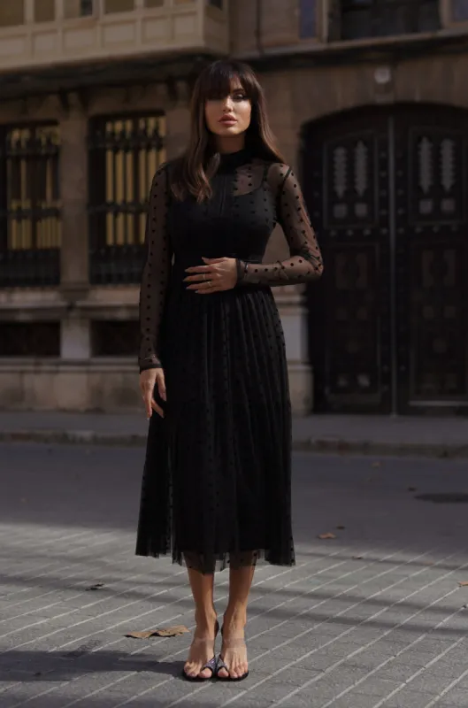 Roman Lola Polka Dot Midi Dress in Black sold by Lace & Beads