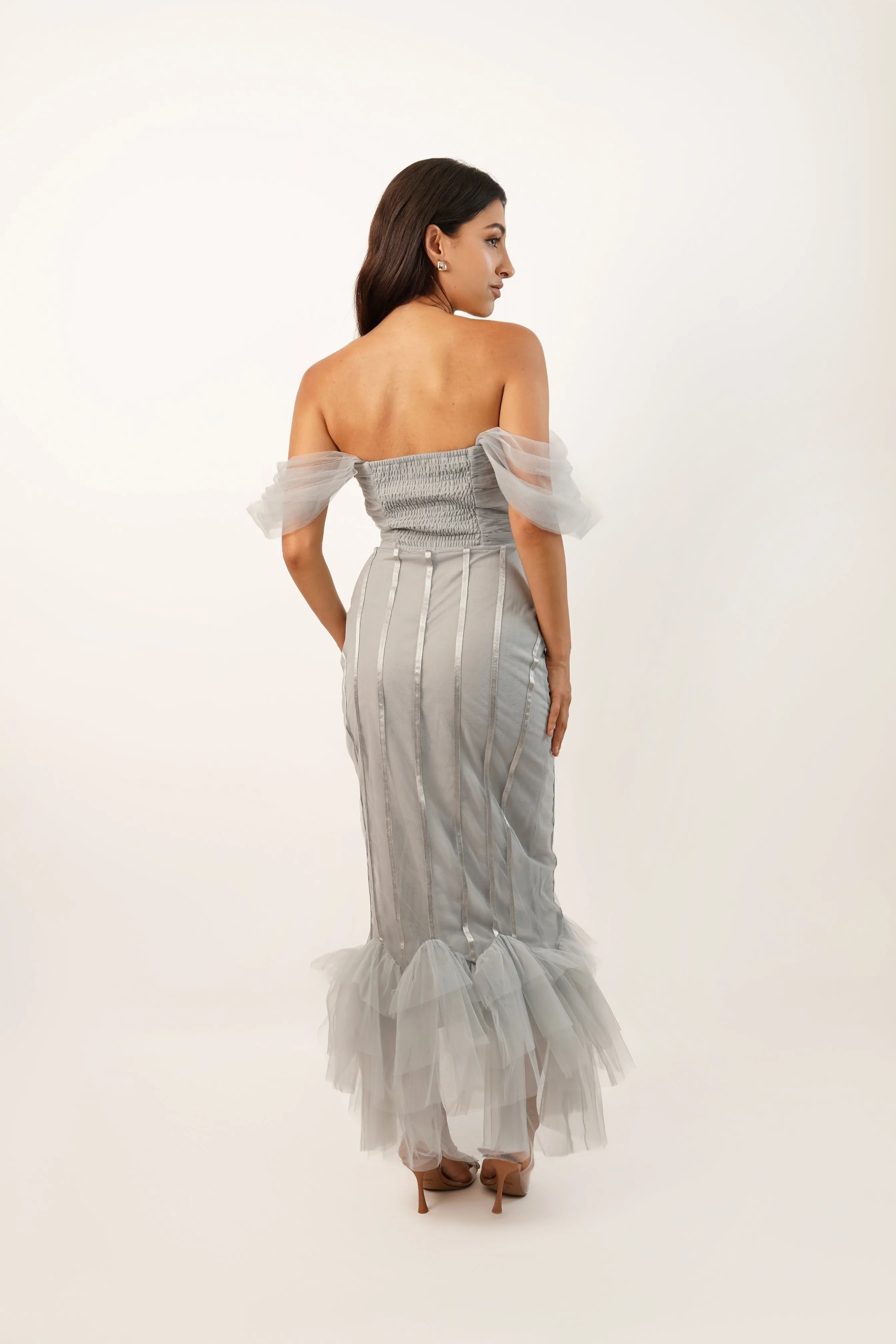 Neros Dusty Blue Off Shoulder Midi Dress sold by Lace & Beads product image thumbnail 2