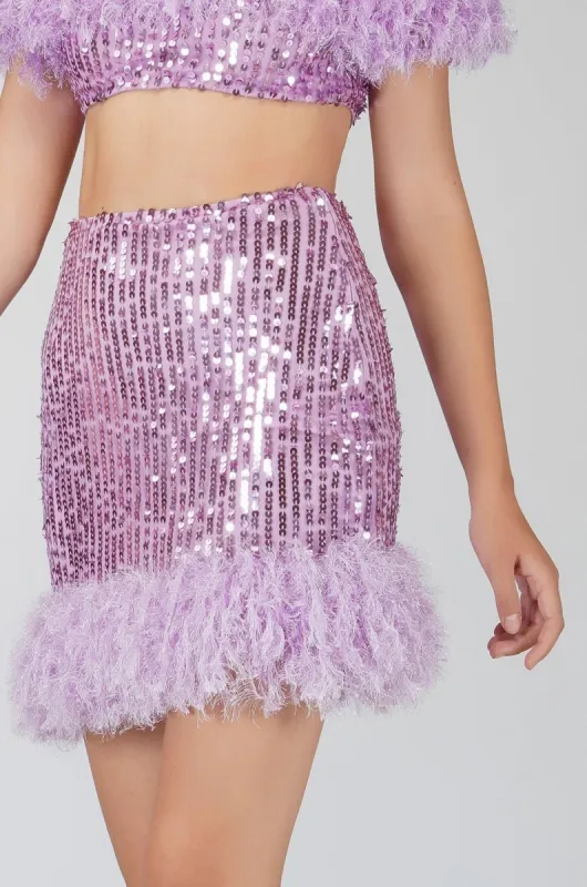 Zuri Sequin Lilac Feather Skirt sold by Lace & Beads