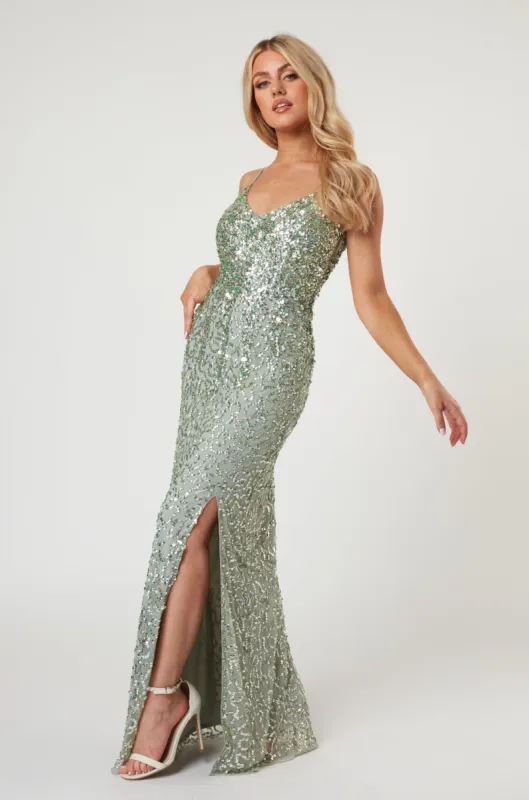Gloria Sage Green Beaded Maxi Dress sold by Lace & Beads