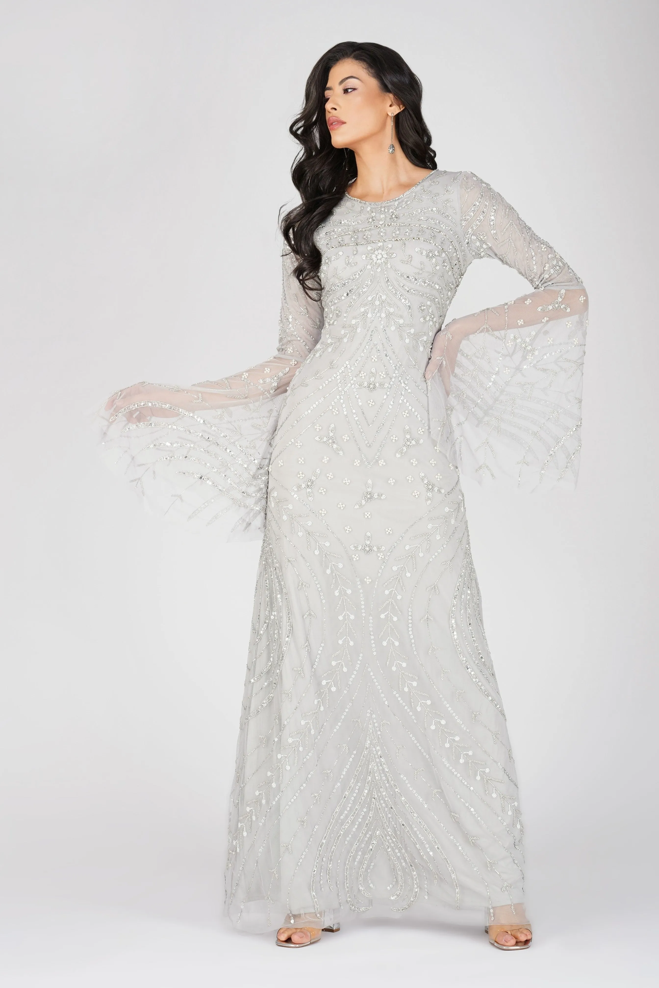 Aleena Embellished Maxi Dress in Silver sold by Lace & Beads