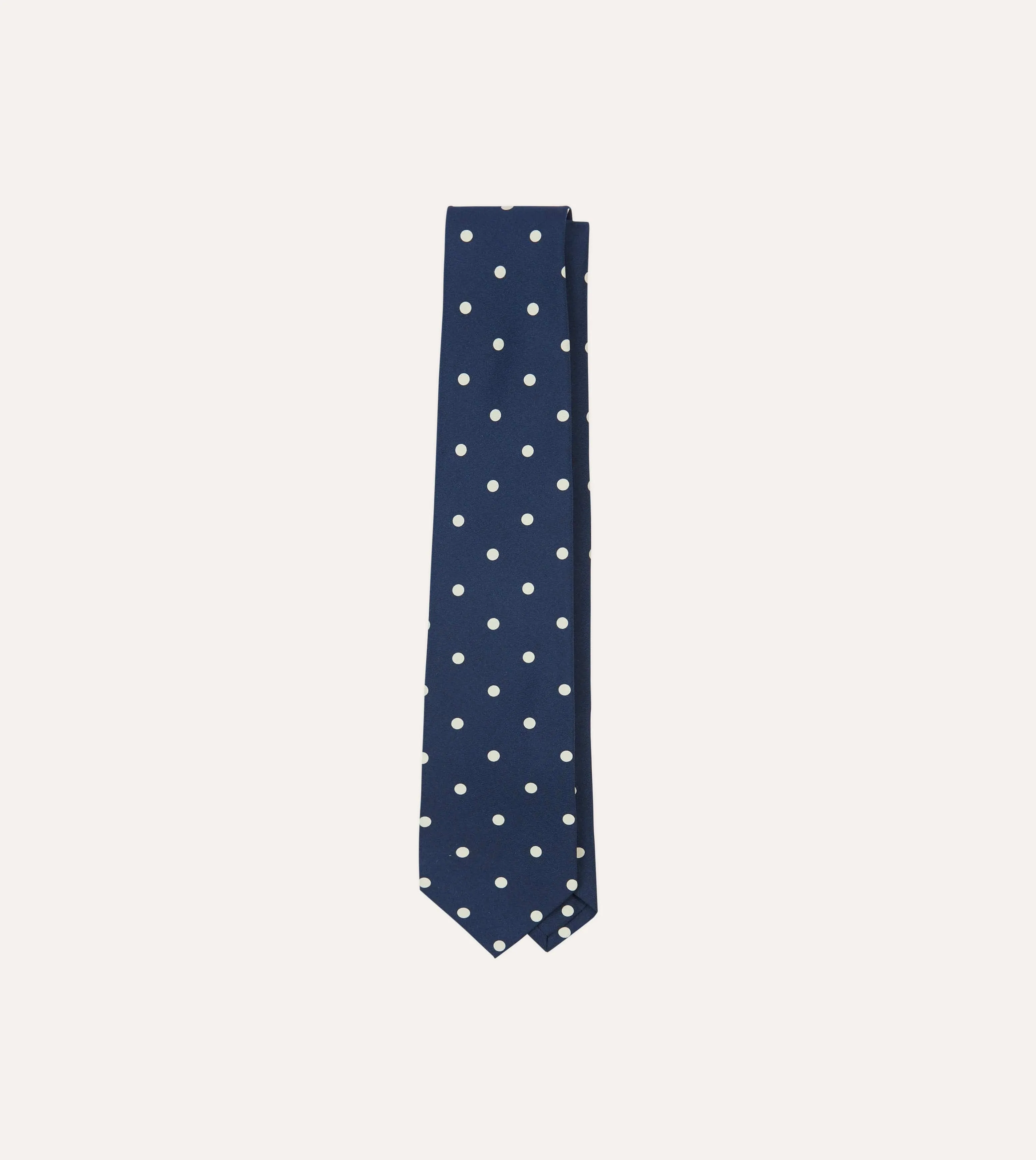Navy Large Spot Silk Self-Tipped Tie sold by Drake's London