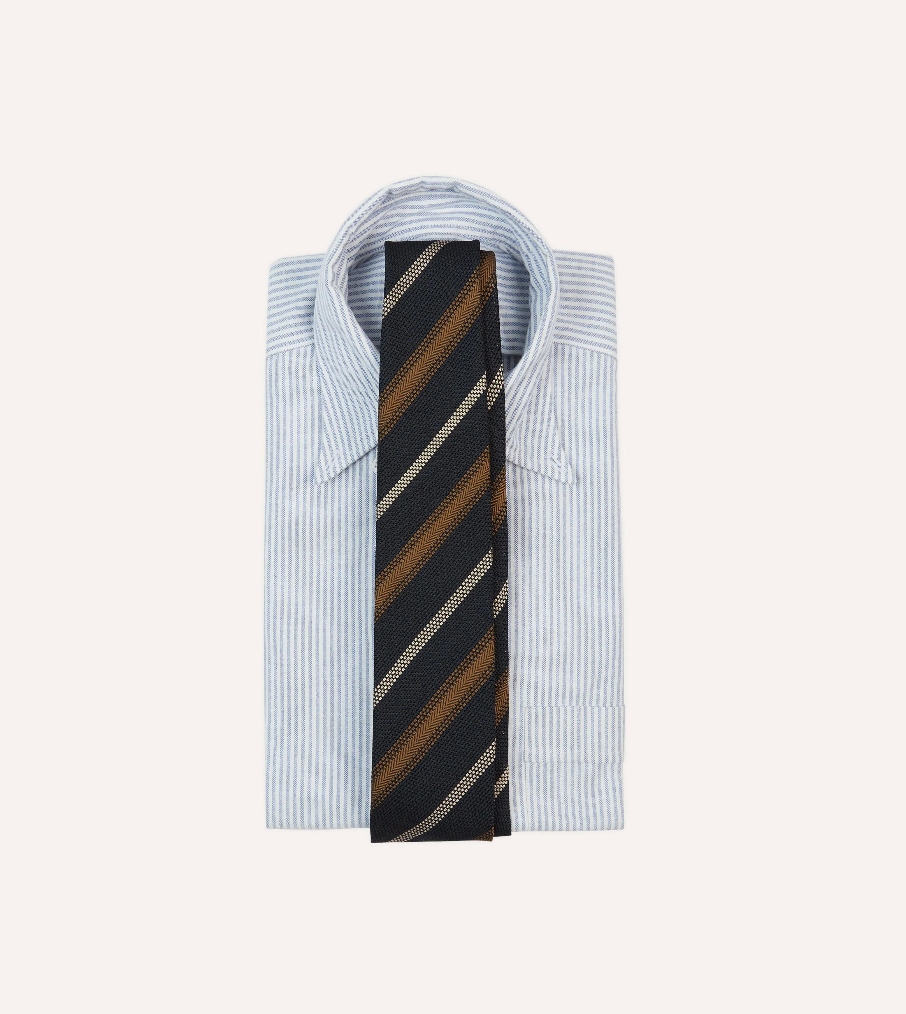 Navy, Gold and Ecru Stripe Hand Rolled Silk Grenadine Tie sold by Drake's London product image thumbnail 2