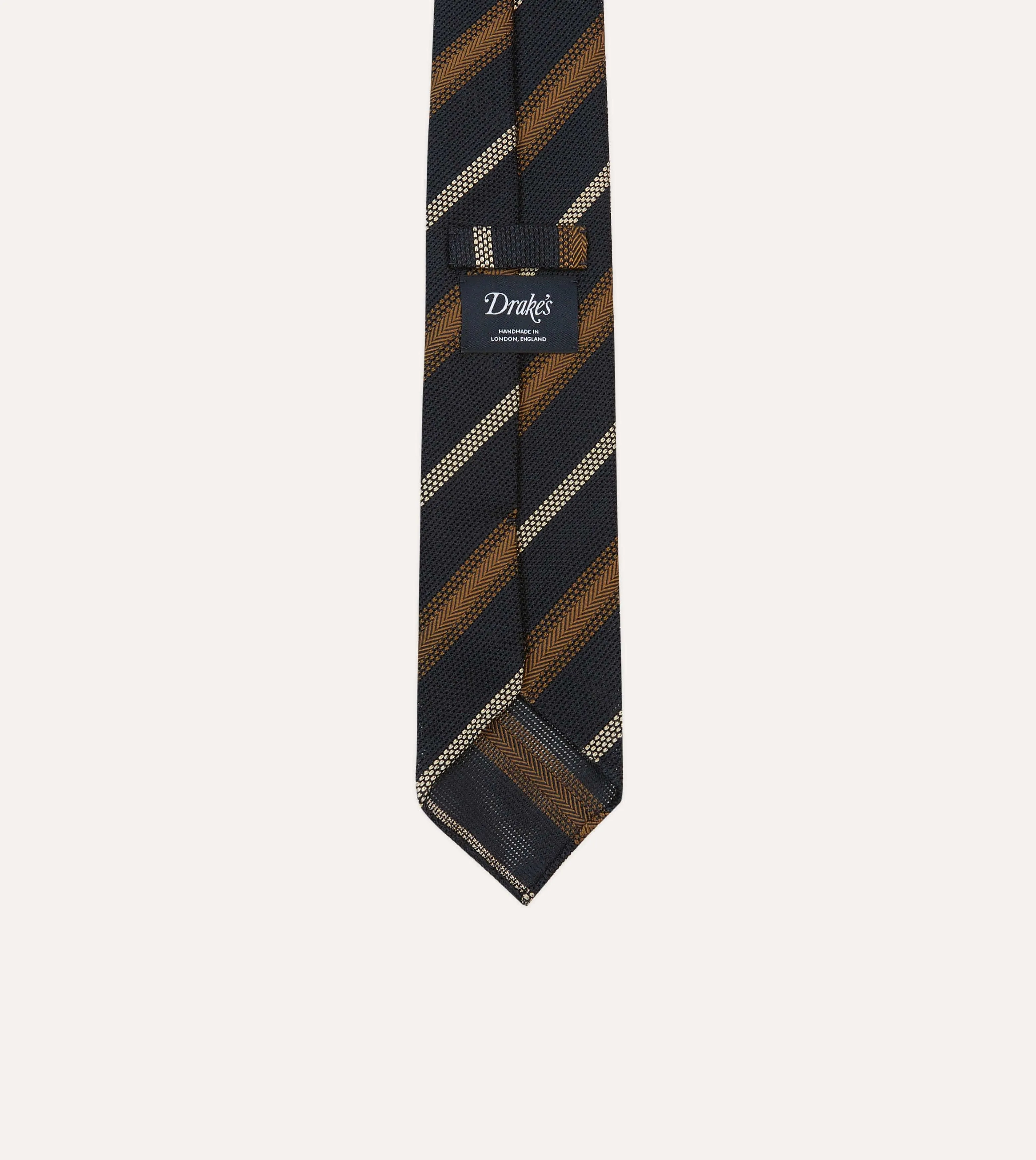 Navy, Gold and Ecru Stripe Hand Rolled Silk Grenadine Tie sold by Drake's London product image thumbnail 4