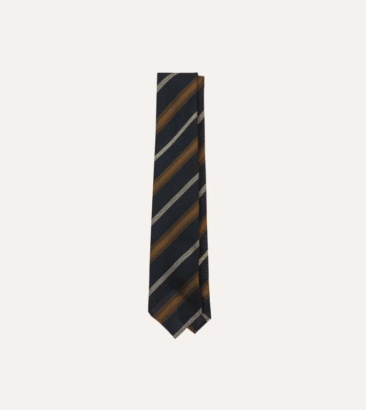 Navy, Gold and Ecru Stripe Hand Rolled Silk Grenadine Tie sold by Drake's London
