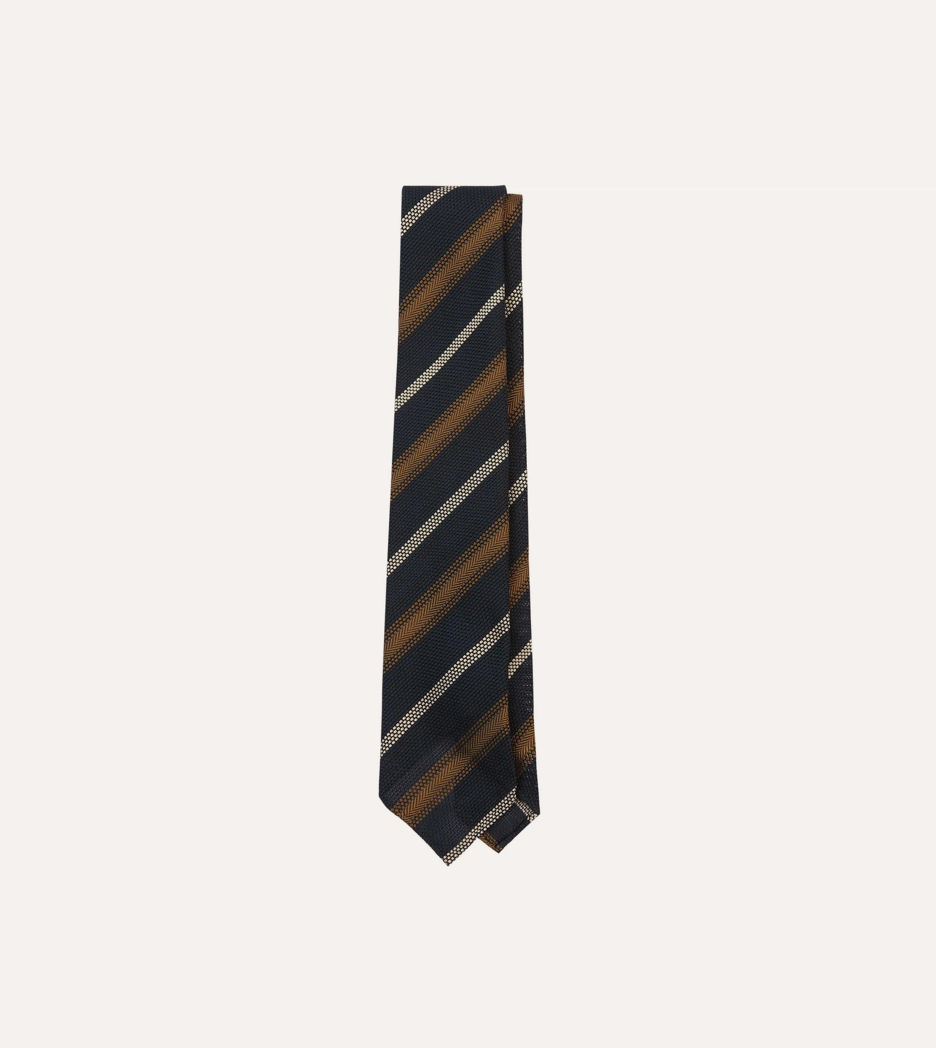 Navy, Gold and Ecru Stripe Hand Rolled Silk Grenadine Tie sold by Drake's London