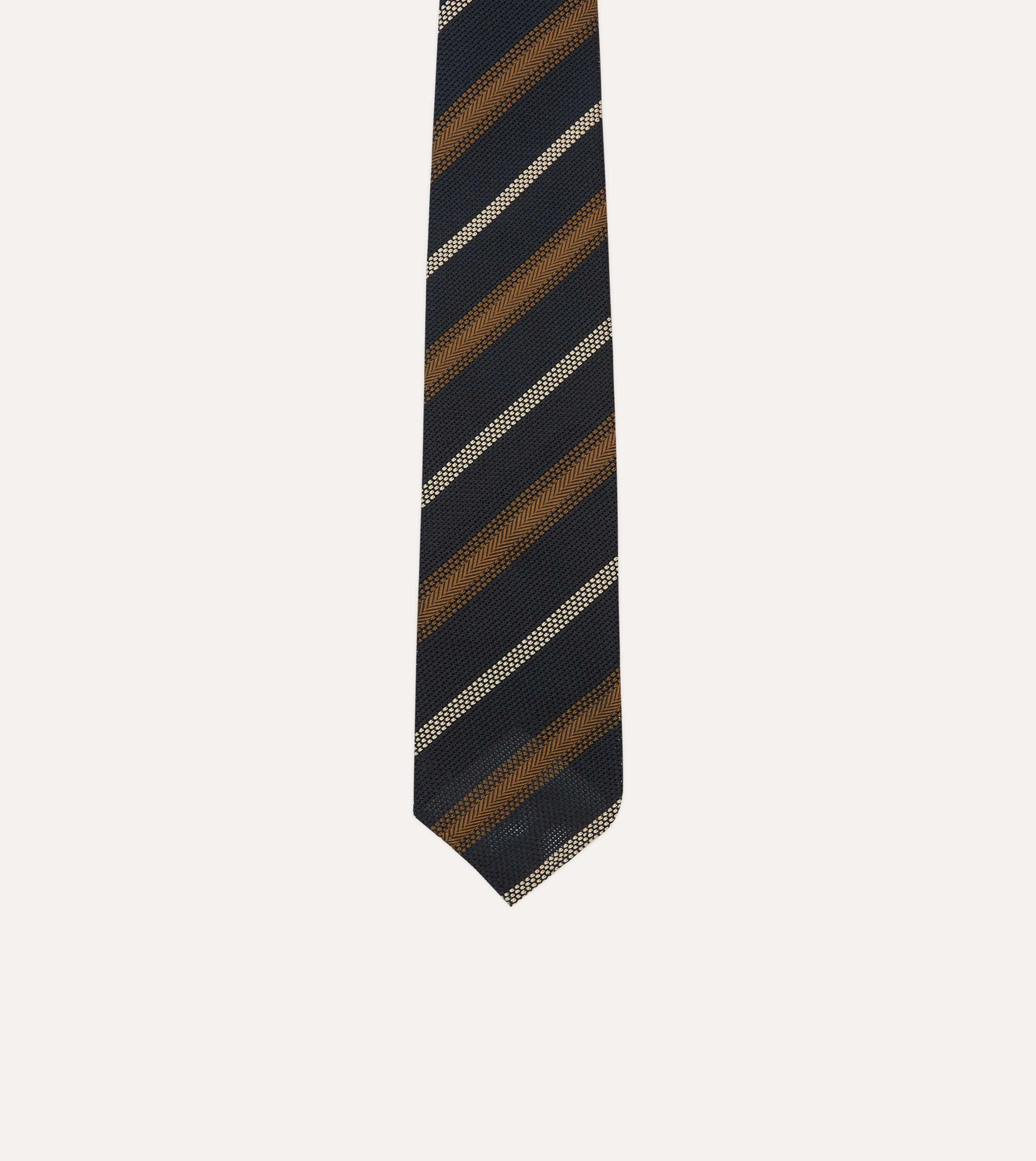 Navy, Gold and Ecru Stripe Hand Rolled Silk Grenadine Tie sold by Drake's London product image thumbnail 3