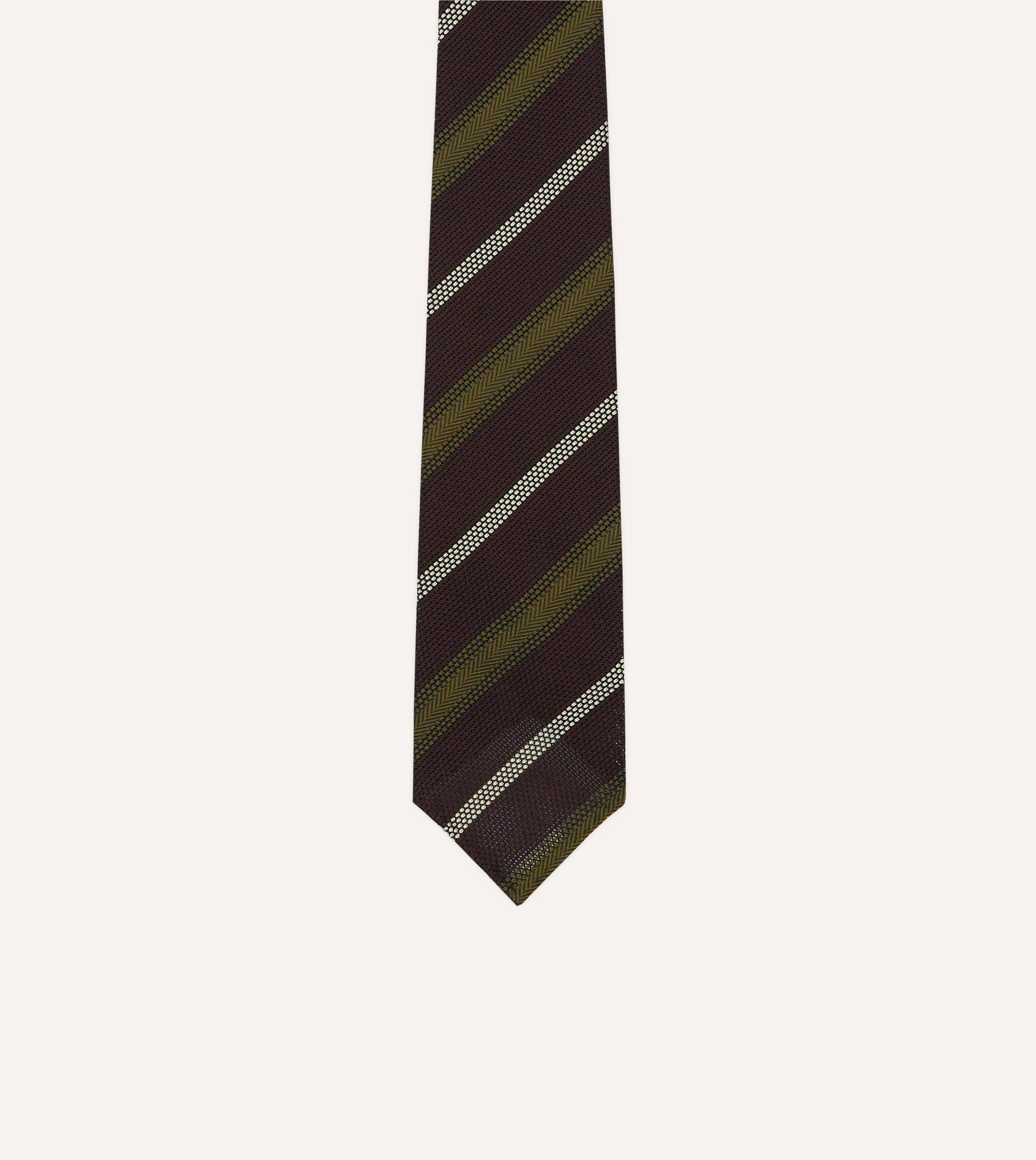 Burgundy, Olive and Ecru Stripe Hand Rolled Silk Grenadine Tie sold by Drake's London product image thumbnail 3